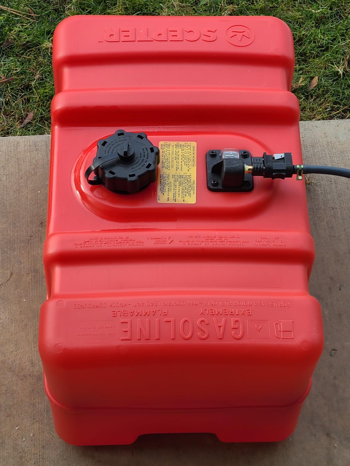 Scepter 12 Gallon Portable Marine Gas Can, Large Capacity Boat Fuel Tank, 2-Way Vented Cap, Built-In Fuel Gauge & Pick-Up, Handles, EPA & CARB Compliant, Tall Profile, 22.9