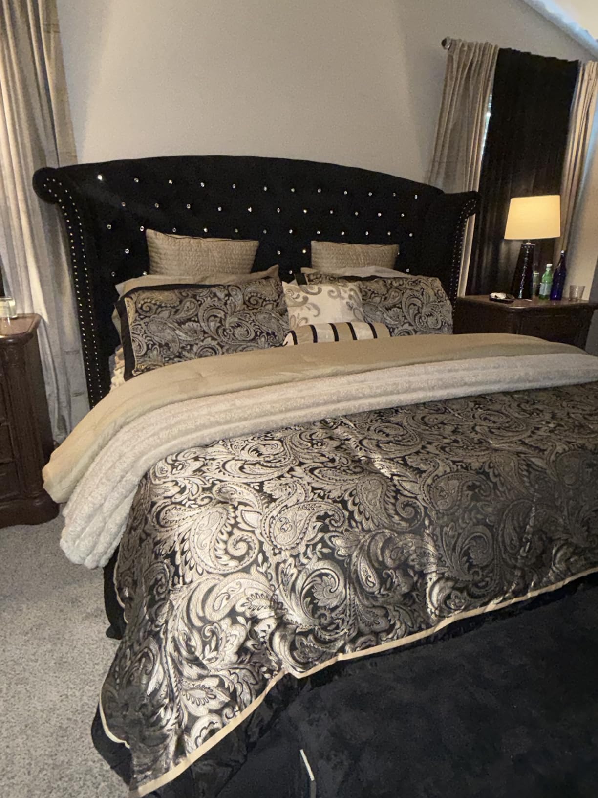 Madison Park Aubrey Cozy Comforter Set, Faux Silk Jacquard Paisley Design - All Season Down Alternative Bedding with Cotton Bed Sheets, Bed Skirt & Toss Pillows, Queen Blue 12 Piece customer photo 1
