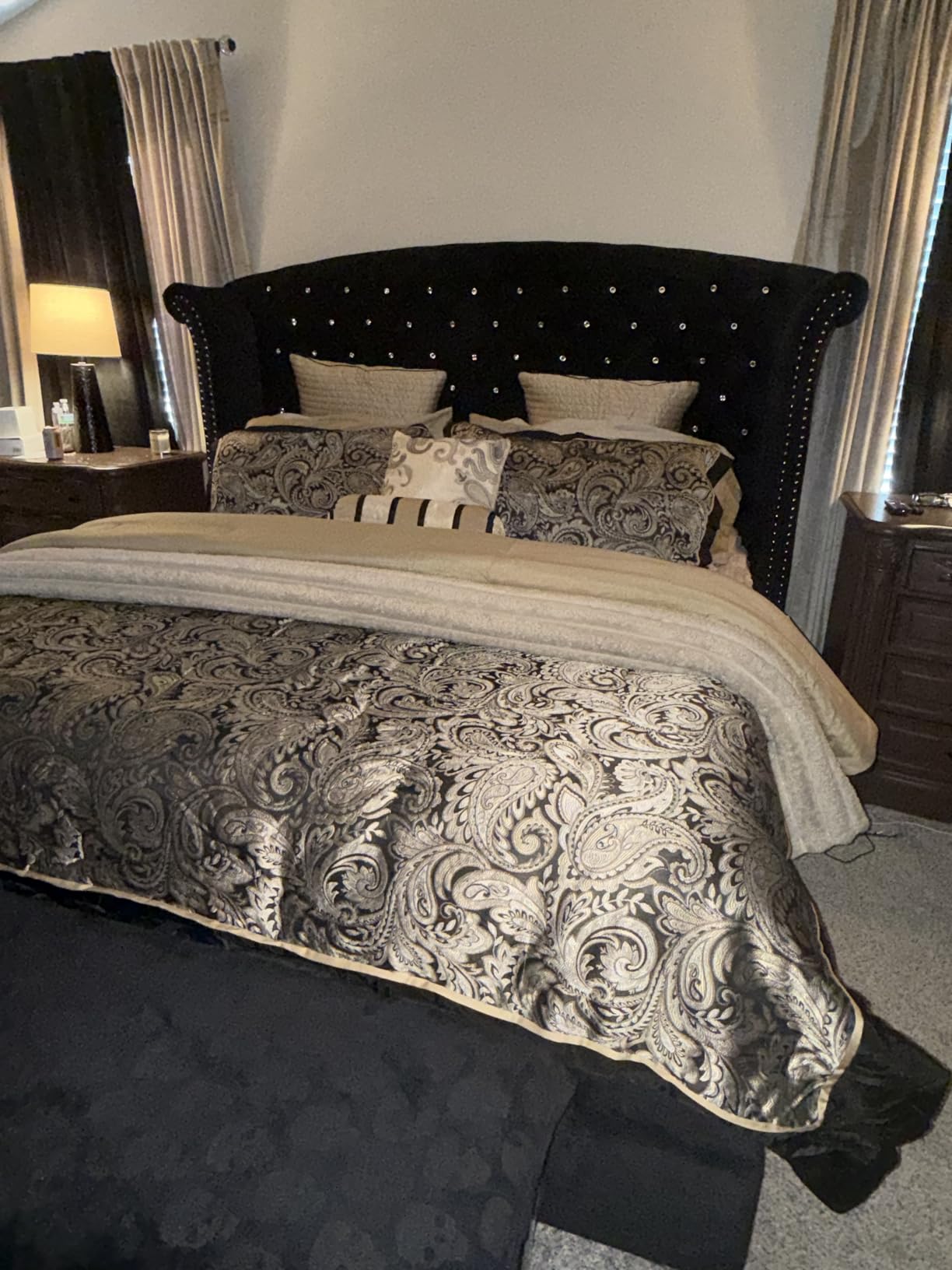 Madison Park Aubrey Cozy Comforter Set, Faux Silk Jacquard Paisley Design - All Season Down Alternative Bedding with Cotton Bed Sheets, Bed Skirt & Toss Pillows, Queen Blue 12 Piece customer photo 2