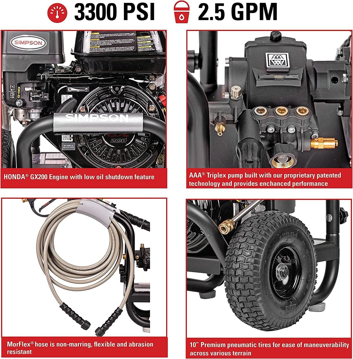 SIMPSON Cleaning PS3228 PowerShot 3300 PSI Gas Pressure Washer, 2.5 GPM, Honda GX200 Engine, 5 QC Nozzle Tips, 25-foot MorFlex Hose, 49-State customer photo 2