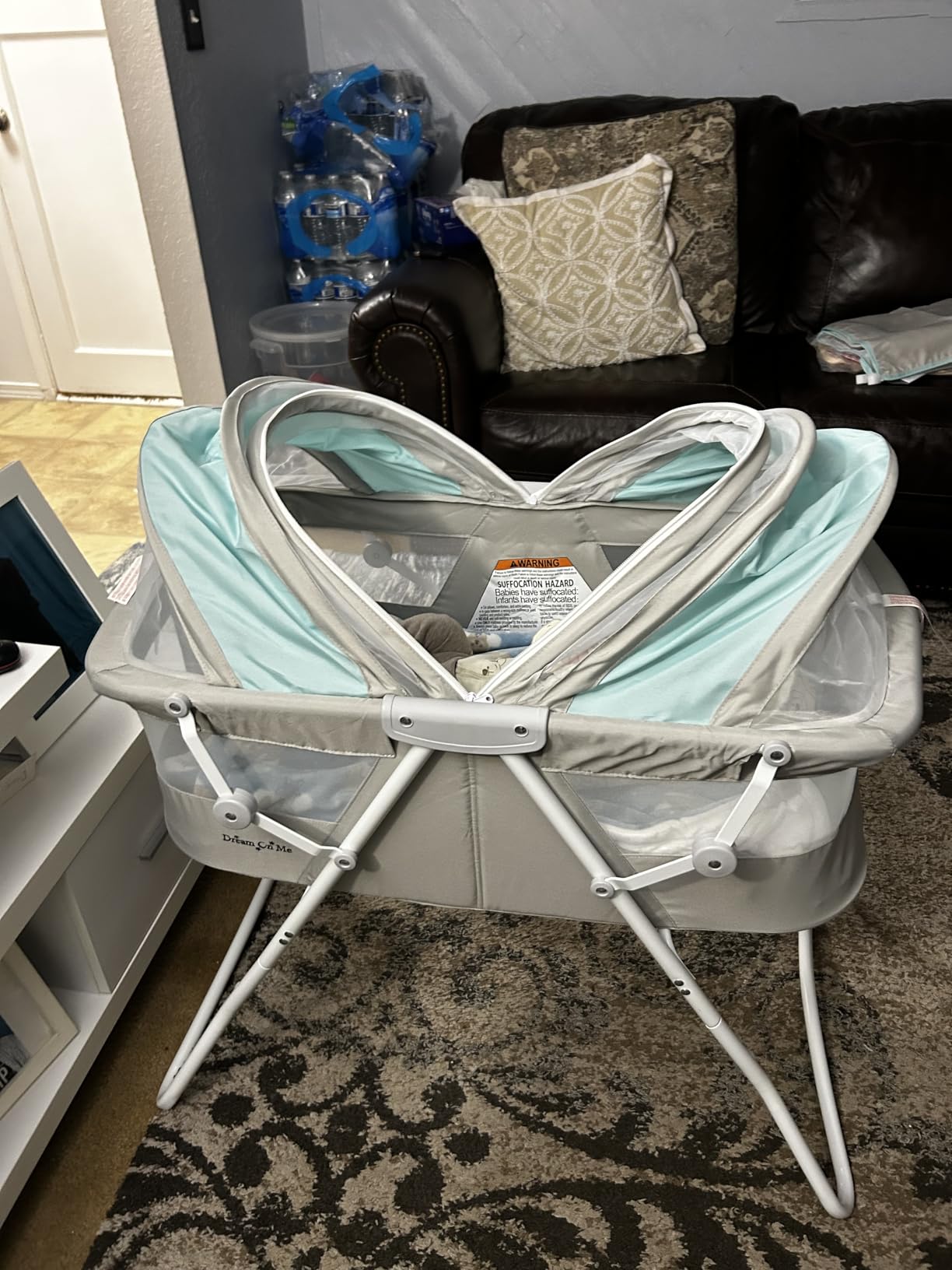 Dream On Me Karley Portable Newborn Bassinet with Double Mesh Canopy, Foldable Travel Bassinet with Storage Basket, Lightweight, Indoor Outdoor Use, Blue/Grey customer photo 1