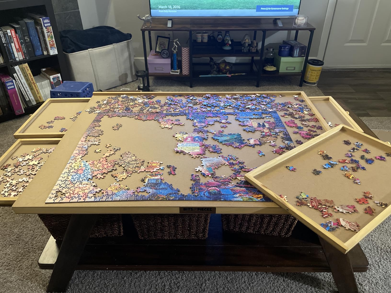 Bits and Pieces Jigsaw Puzzle Board with Drawers, Puzzle Board 1000 Pieces, 22 Inch x 30 Inch Wooden Tray Table with 4 Organizing Piece Sorting Trays, Portable, Easy Storage for Puzzles customer photo 2