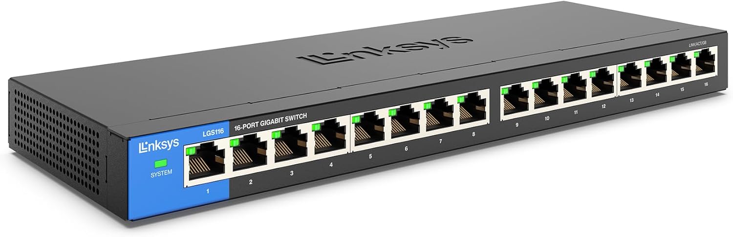 Linksys LGS116 16 Port Gigabit Unmanaged Network Switch - Home / Office Ethernet Switch Hub with Metal Housing - Wall Mount or Desktop Ethernet Splitter, Easy Plug & Play Connection customer photo 1