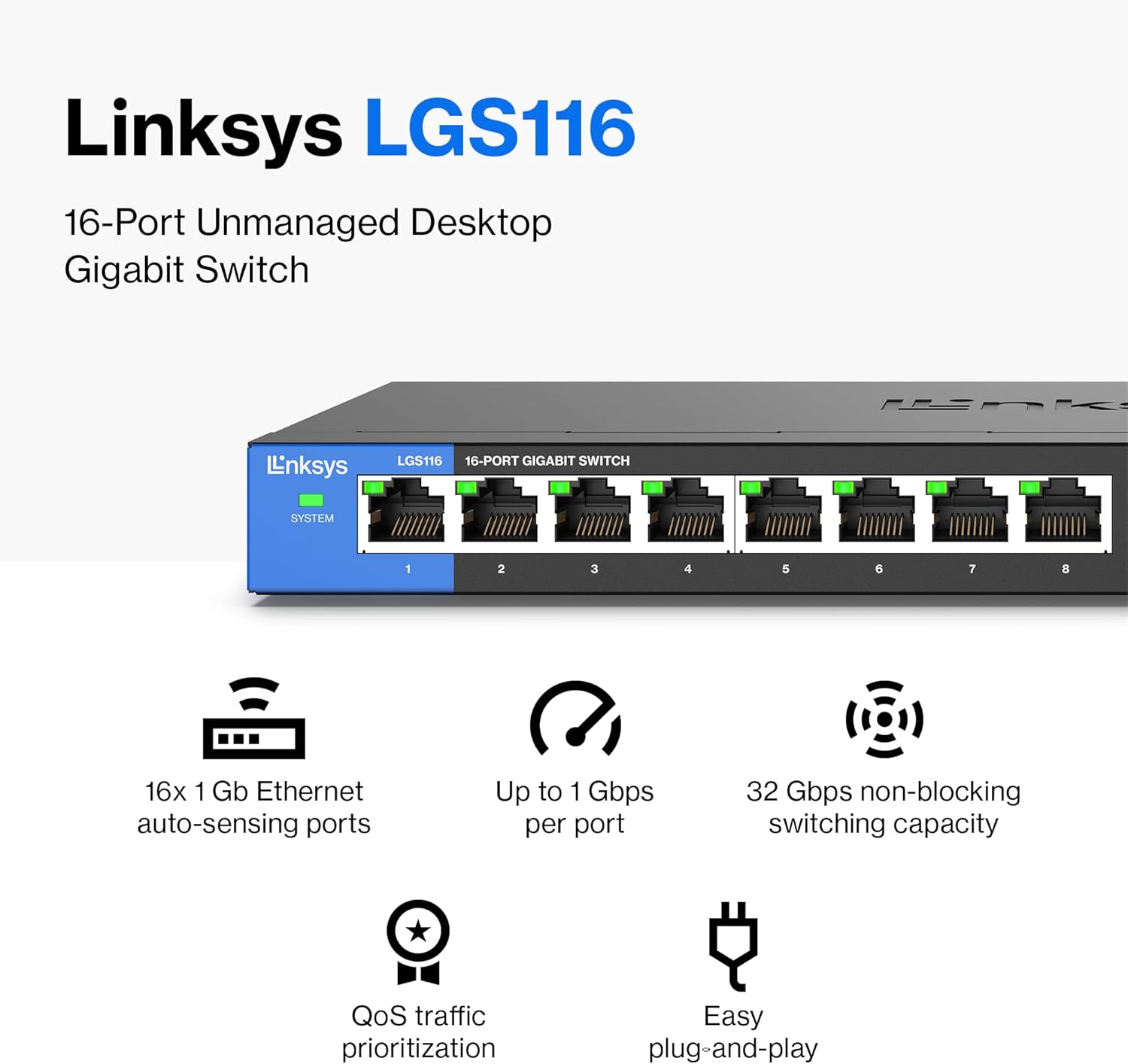 Linksys LGS116 16 Port Gigabit Unmanaged Network Switch - Home / Office Ethernet Switch Hub with Metal Housing - Wall Mount or Desktop Ethernet Splitter, Easy Plug & Play Connection customer photo 2