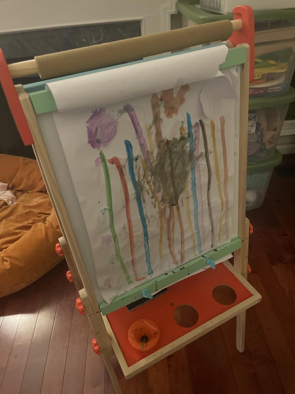 Hape E1010 Magnetic All in 1 Kids Height Adjustable Drawing Dry-Erase Chalkboard Wooden Artist Easel with 3 Paint Pots and Refillable Paper Roll customer photo 1