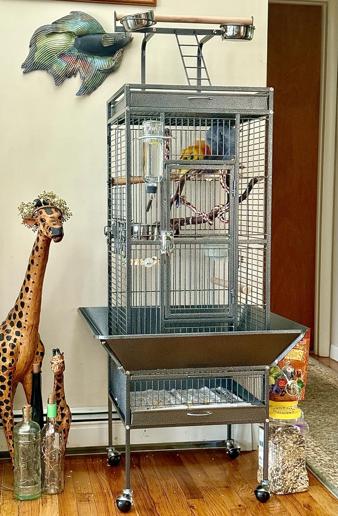 Yaheetech Wrought Iron Bird Cages, Play Top Large Aviary with Stand for Cockatiel Parrot Sun Parakeet Conures Lovebird Budgie Finch African Grey White, 61-inch customer photo 2
