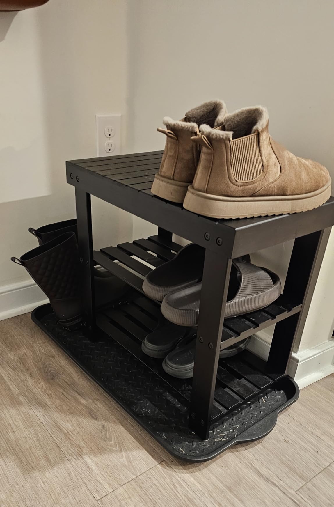 SONGMICS Shoe Rack Bench, 3-Tier Bamboo Shoe Storage Organizer, Entryway Bench, Holds Up to 286 lb, 11.3 x 27.6 x 17.8 Inches, for Entryway Bathroom Bedroom, Ink Black ULBS04H customer photo 1