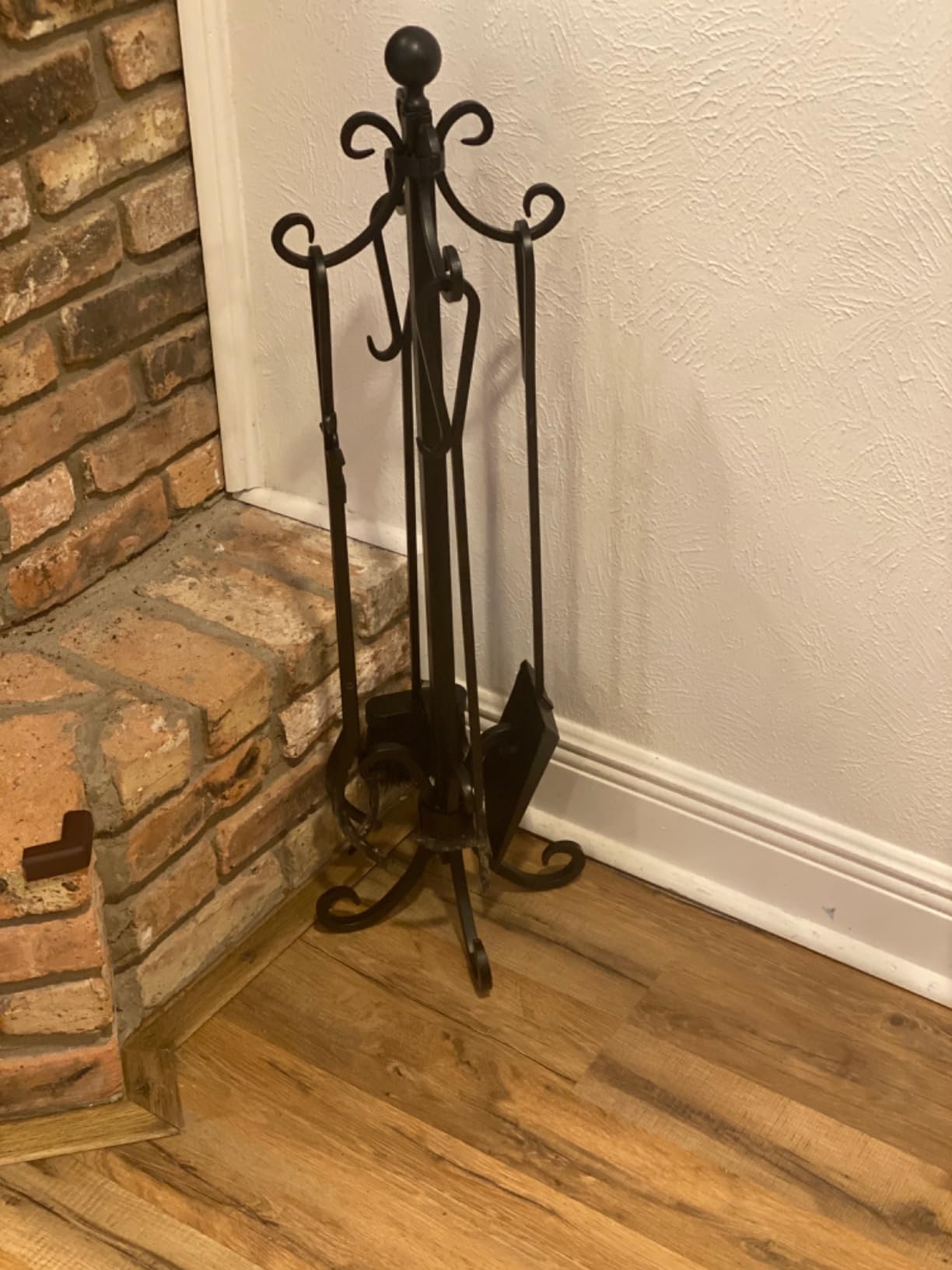 AMAGABELI GARDEN & HOME 5 Pieces Fireplace Tools Set Heavy Duty Black Cast Wrought Iron Tool Set with Log Holder Fire Set Stand Scroll Rustic Antique Accessories Set customer photo 2