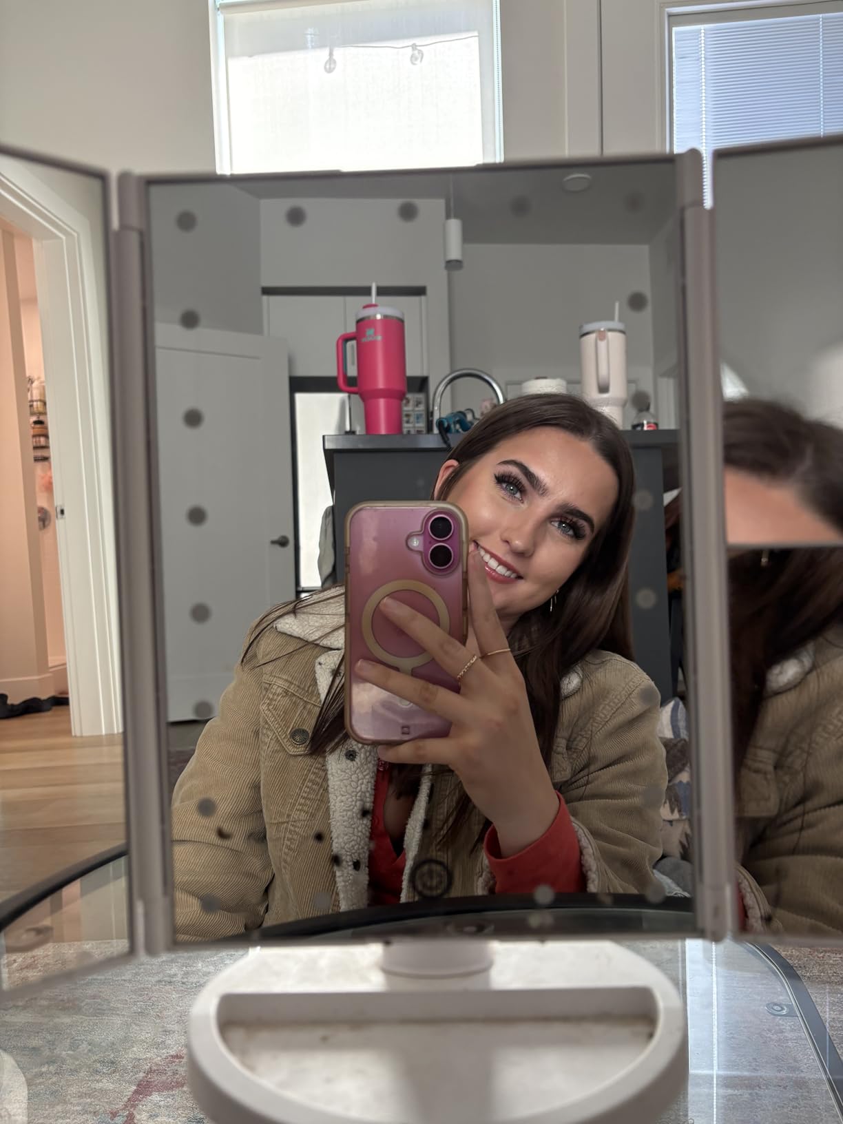 deweisn Dresser Mount Tri-Fold Lighted Vanity Mirror with 21 LED Lights, Touch Screen and 3X/2X/1X Magnification, Two Power Supply Modes Make Up Mirror, Travel Mirror customer photo 1