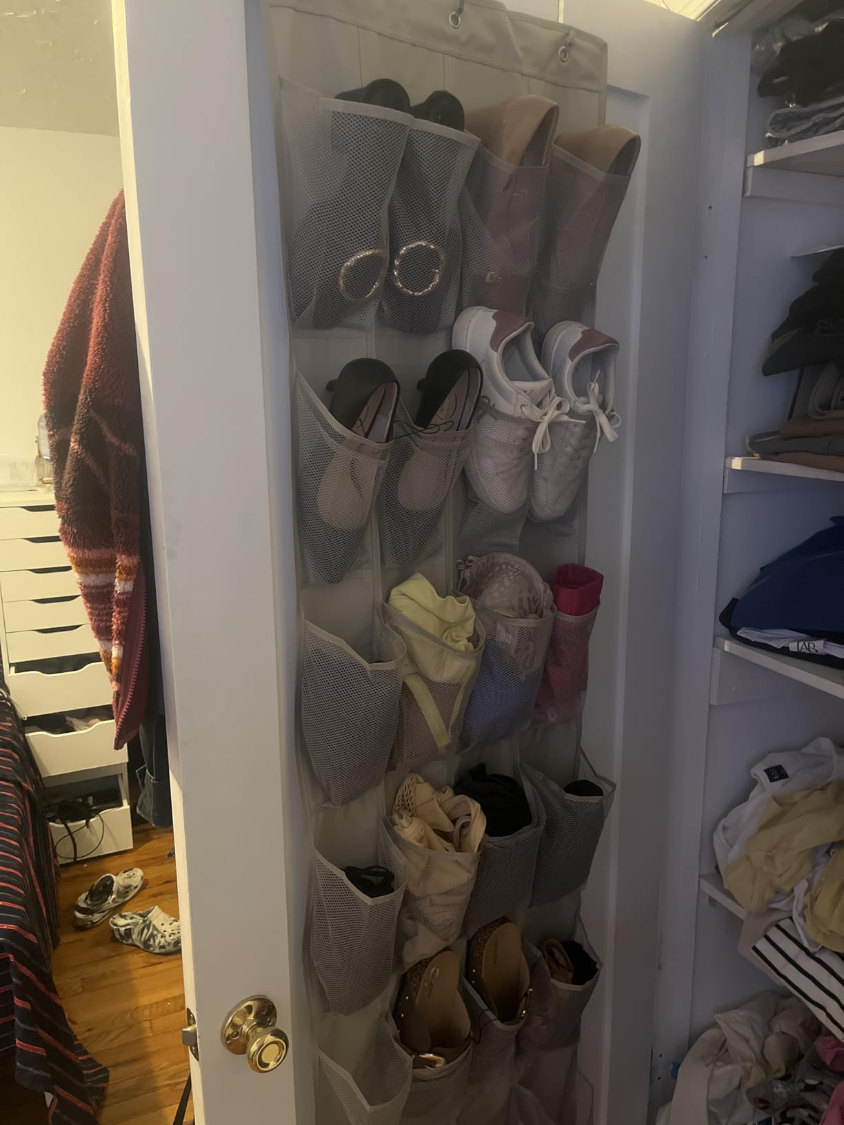 Amazon Basics 24 Medium Mesh Pocket Over-the-Door Hanging Shoe Organizer, Space Saving Shoe Storage, Light Grey customer photo 2