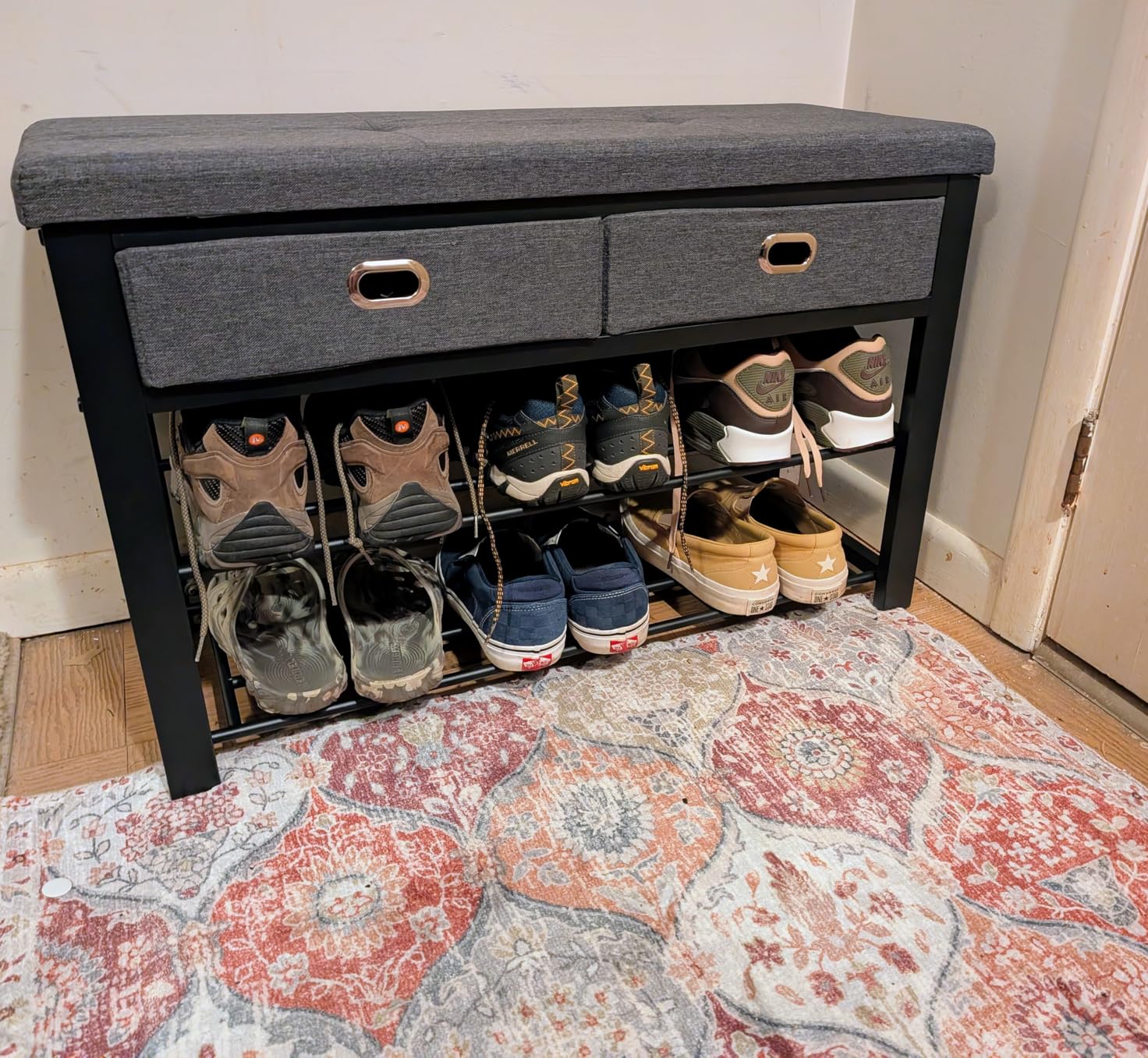 Finnhomy Entryway Shoe Rack with Cushioned Seat, Shoe Bench for Entry, 2 Shelves Storage Bench w/Faux Leather Top Bed Bench, Black customer photo 2