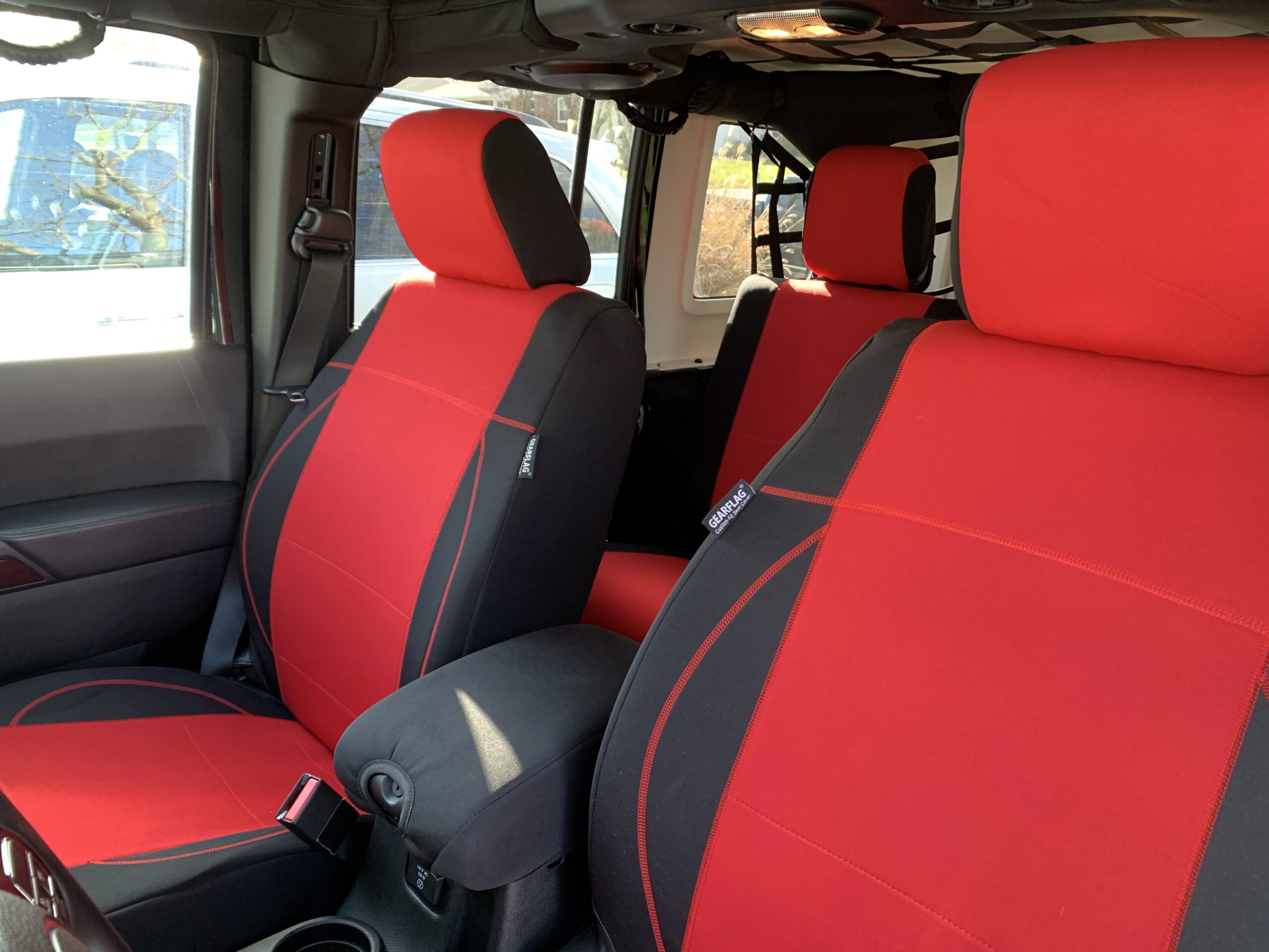 GEARFLAG Neoprene Seat Cover Custom fits Wrangler JK 2007-2017 Unlimited 4 Door NO-Side airbag Full Set (Front + Rear Seats) (Red/Black) customer photo 1