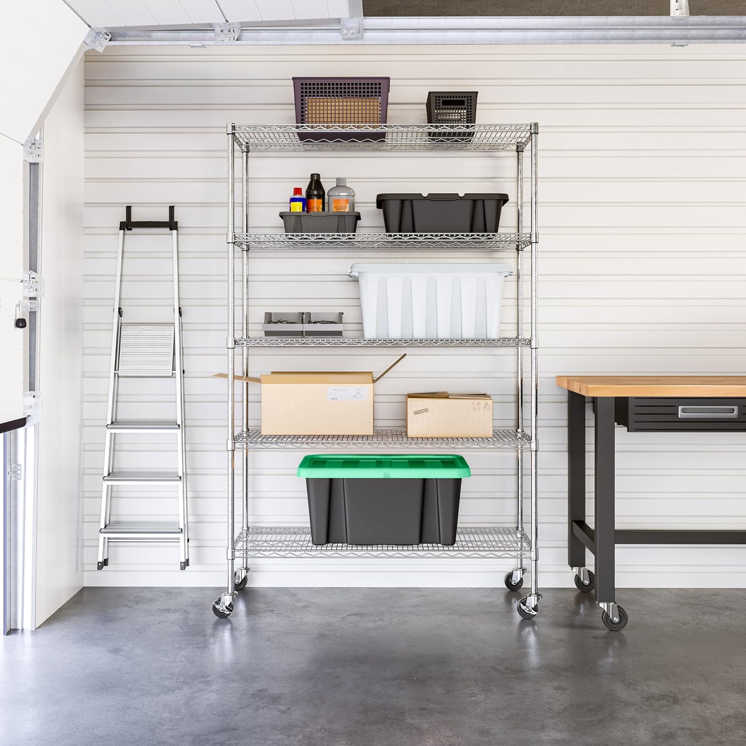Seville Classics UltraDurable Heavy Duty NSF Solid Steel Wire Rack Storage Unit Organizer for Garage, Warehouse, Office, Restaurant, Classroom, Kitchen, 5-Tier Shelving, 48