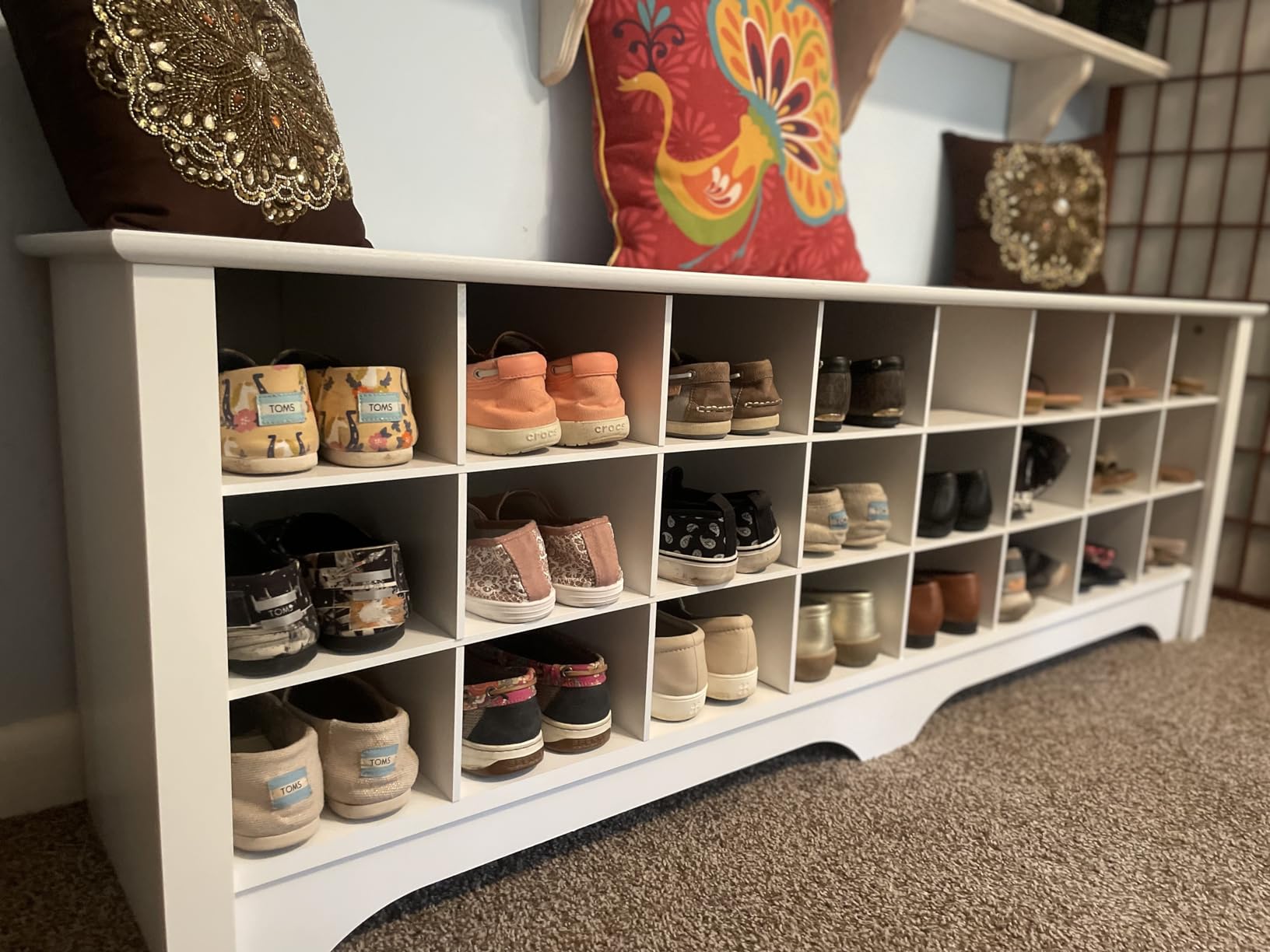Prepac 24 Pair Shoe Cubby Bench, Entryway Bench, Mud Room Organization and Storage Bench for up to 24 Pairs of Shoes, Black, 15.5