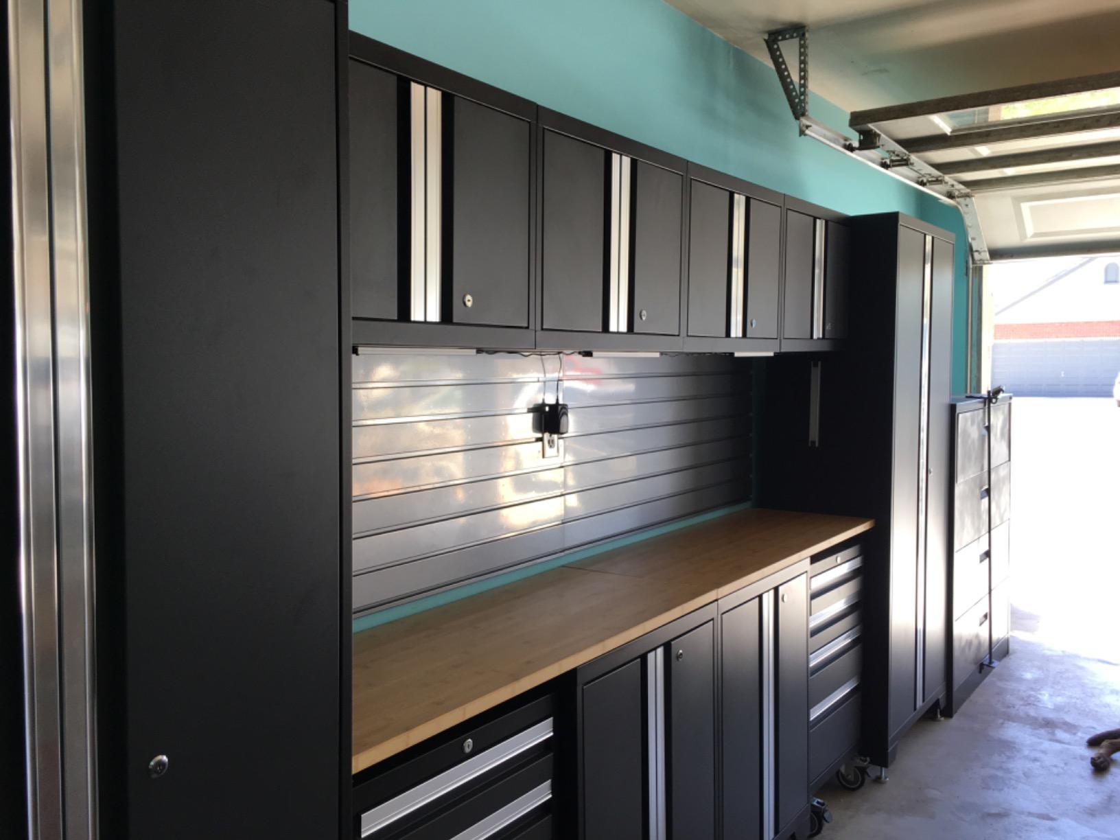 NewAge Products Garage Storage Cabinets Bold Series Gray Include Multi Use lockers, Rolling Tool, Base & Wall Cabinets with Lockable Doors, LED Lights, Slatwall Backsplash, Bamboo Worktop customer photo 2