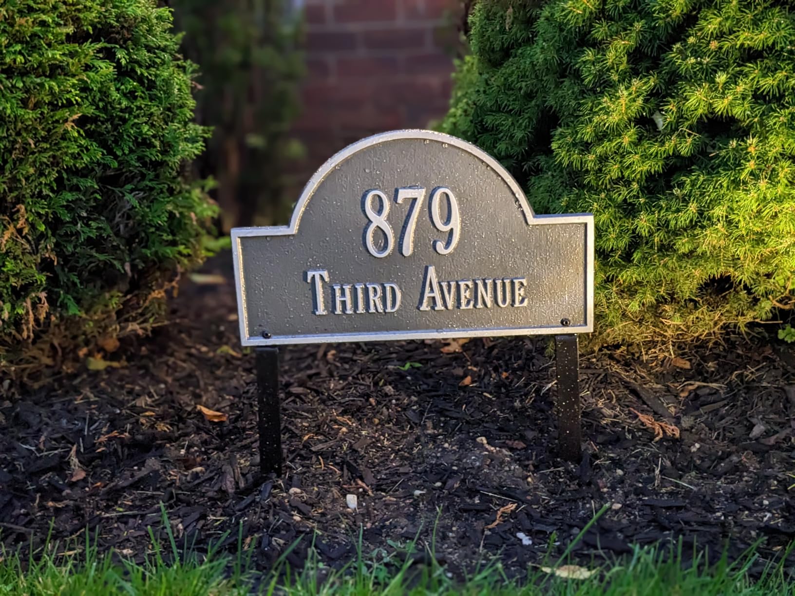 Personalized Cast Metal Address plaque - LAWN MOUNTED Arch Plaque. Made in the USA. BEWARE OF IMPORT IMITATIONS. Display your address and street name. Custom house number sign. customer photo 2