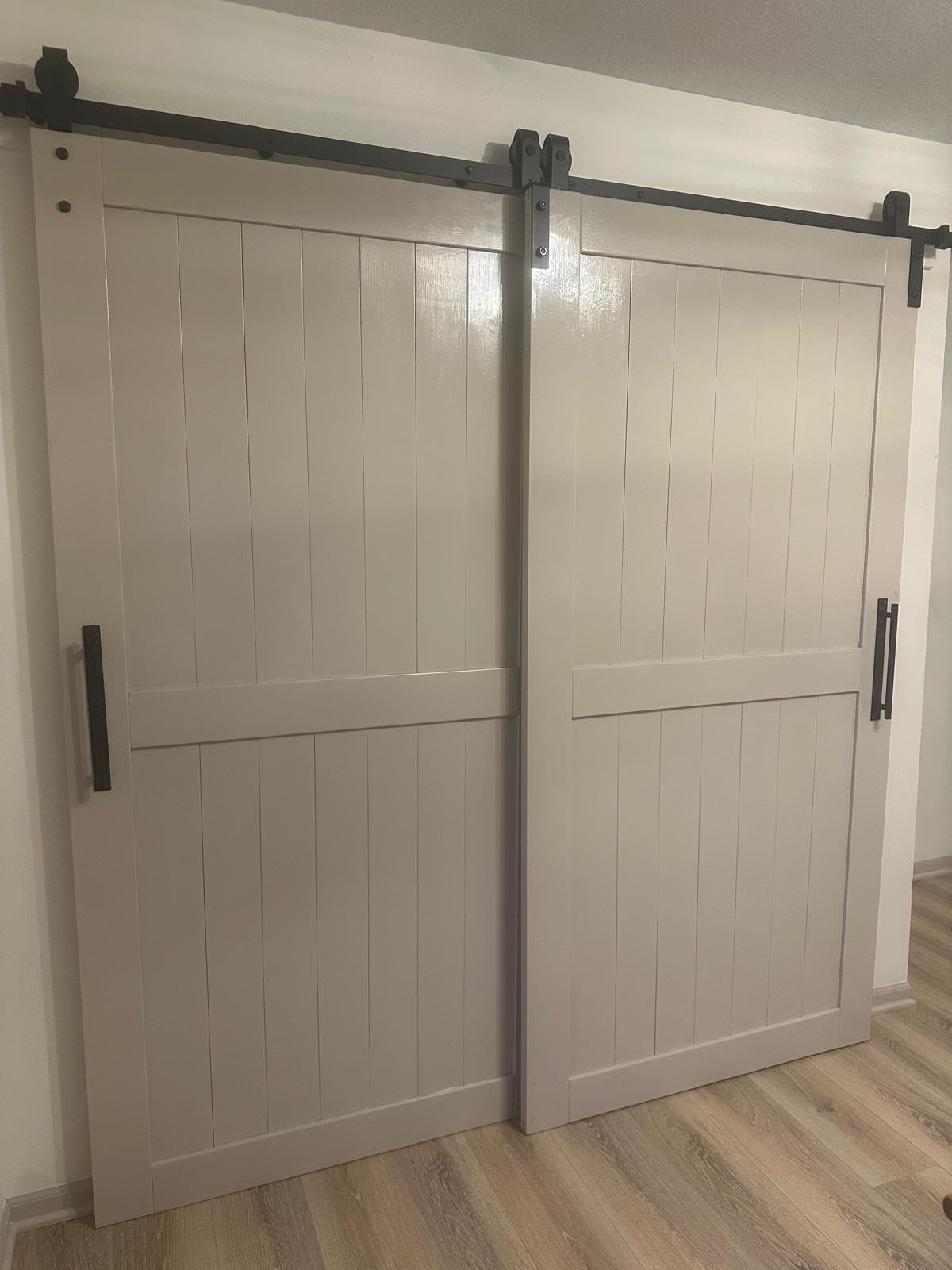 SMARTSTANDARD 6.6 Feet Bypass Sliding Barn Door Hardware Kit - for Double Wooden Doors-Single Track - Smoothly & Quietly - Easy to Install-Fit 67
