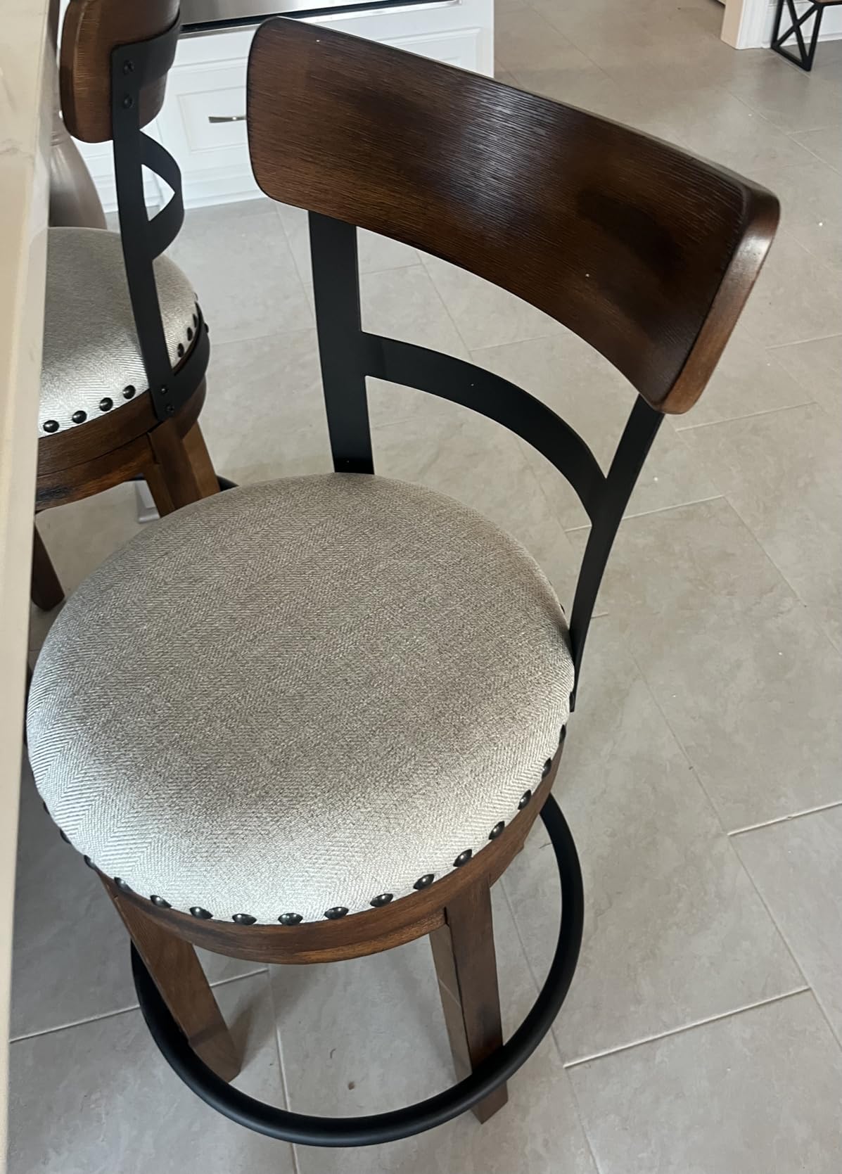 Signature Design by Ashley Valebeck | 30 Inch Farmhouse Pub-Height Swivel Barstool With Back - Upholstered Cushion, Nailhead Trim, Metal & Wood Frame, Brown customer photo 2