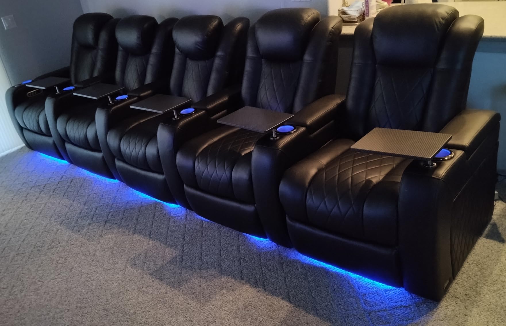 Valencia Tuscany Home Theater Seat - Nappa Leather Power Recliner with Cool Gel Memory Foam, USB-C/USB-A Charging, RGB LED Lights, Adjustable Lumbar & Headrest (Row of 4 Loveseat Center, Black) customer photo 1