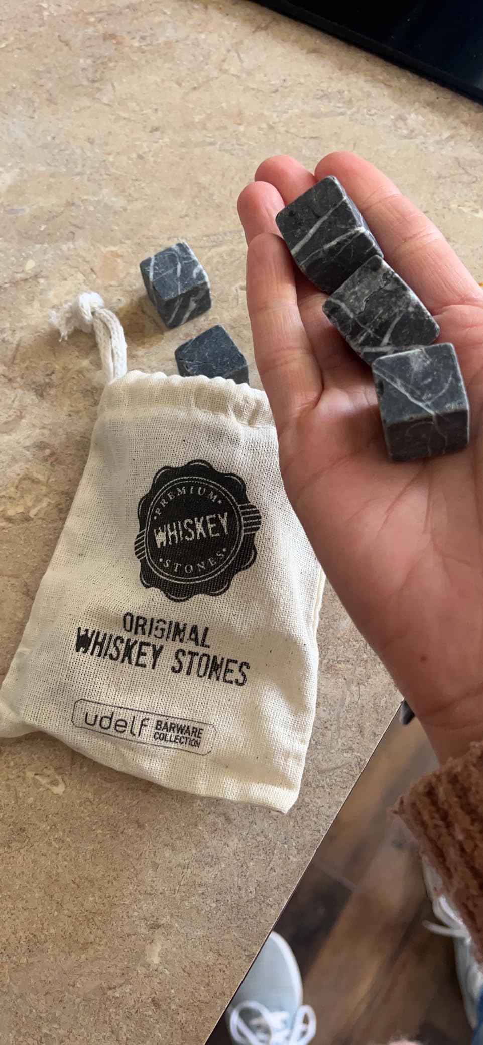 Premium Whiskey Stones Gift Set with 12 Pcs Stones and Bag. Whiskey, Bourbon, Cognac, Scotch,Gin, Wine Beverage. Marble Reusable Ice Cubes. Birthday Gift for Whiskey Lovers... (Dark Grey) customer photo 1