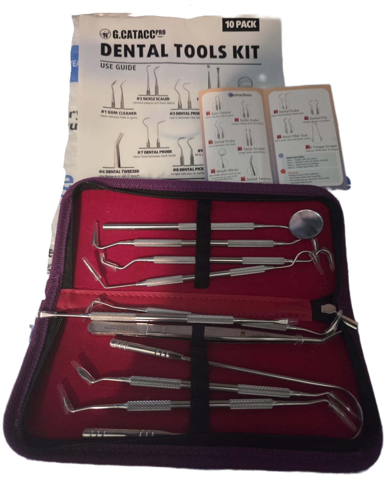 G.CATACC 10 Pack Dental Tools, Professional Plaque Remover for Teeth Cleaning Tools Set, Stainless Steel Hygiene Kit with Dental Pick Tooth Scraper Plaque Tartar Remover Tongue Cleaner - with Case customer photo 2
