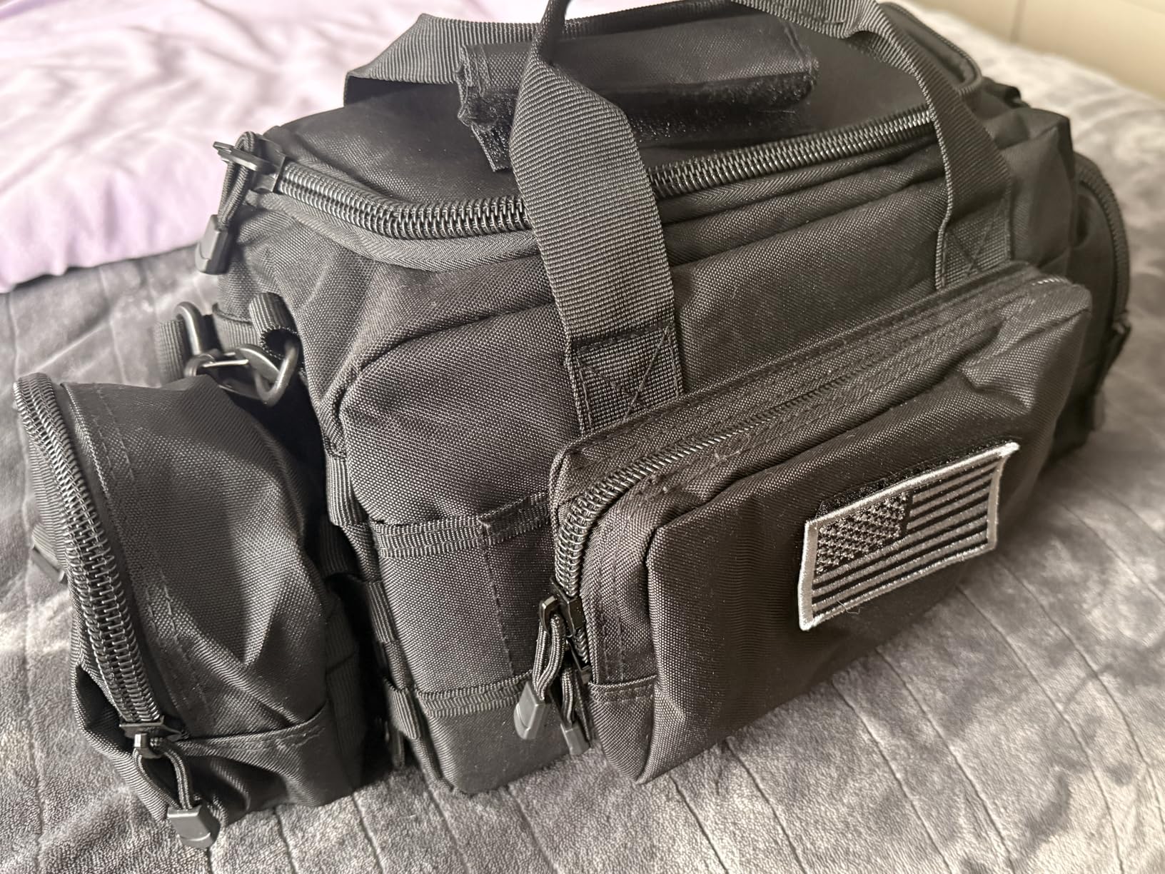 Gun Case Bag Small | Tactical 2-Pistol Bag Handgun Duffle Bag w/Lockable Zipper for Shooting Range Hunting Sports | US Flag Patch + MOLLE Pouch + Universal Holster Included customer photo 2