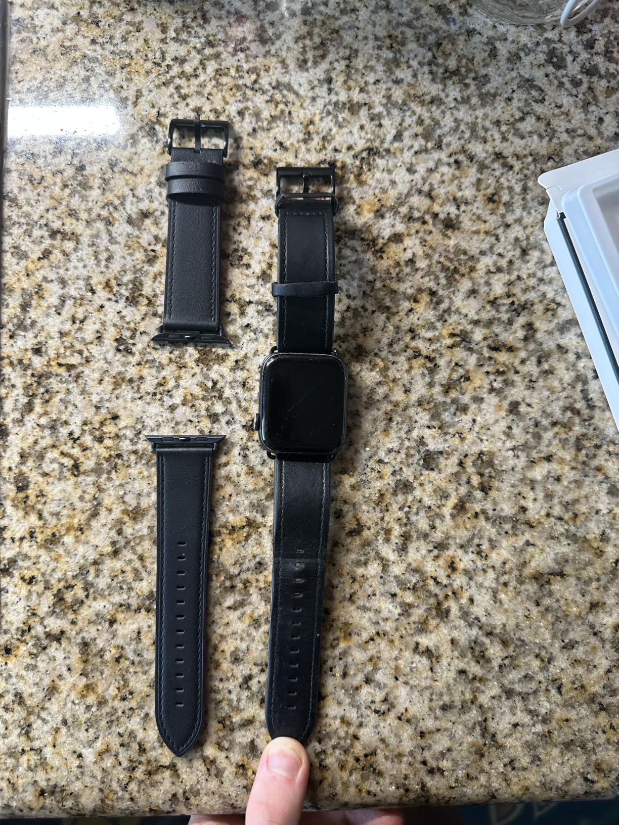 OUHENG Leather Bands Compatible with Apple Watch Band 49mm/46mm/45mm/44mm/42mm, Genuine Leather Strap Compatible with iWatch Ultra 3/2/1 & Series 11/10/9/8/7/6/5/4/3/2/1 & SE3 SE2 SE, Black/Black customer photo 1
