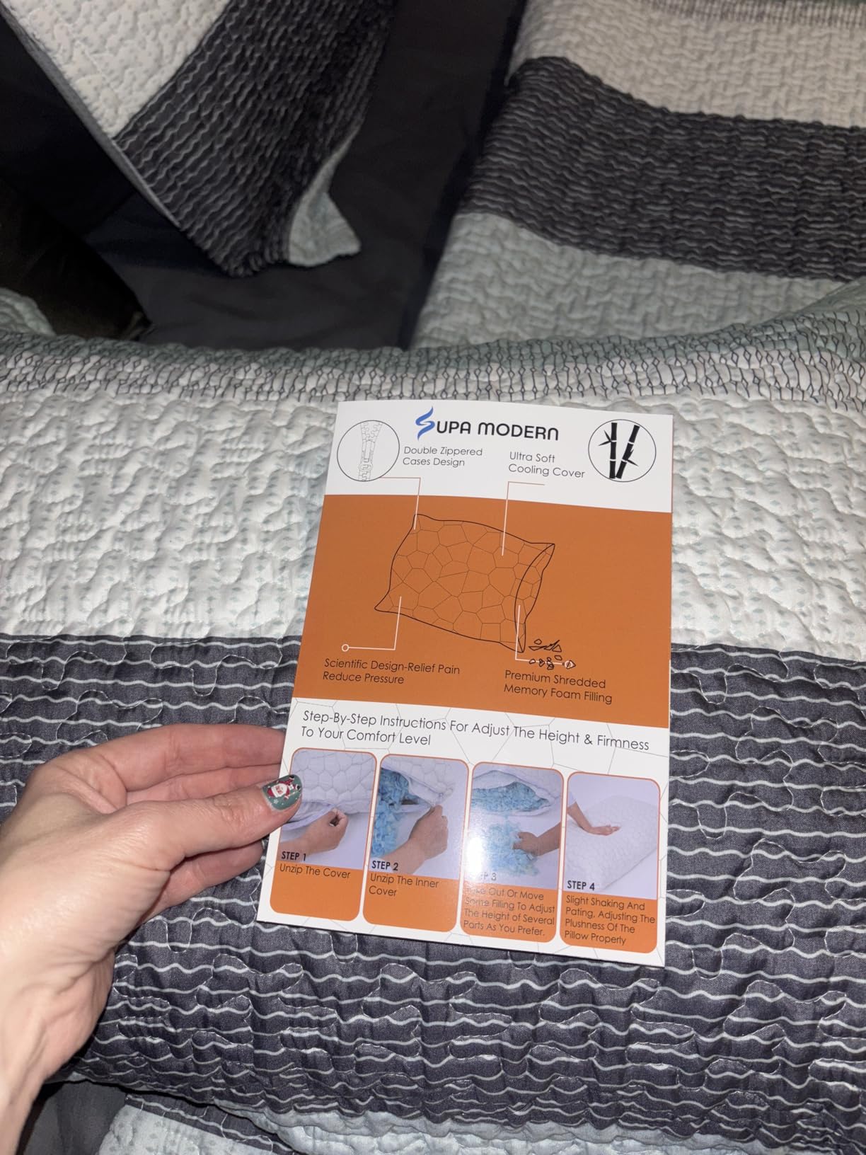 SUPA MODERN Cooling Pillow Queen Size Set of 2, CertiPUR-US Shredded Memory Foam Pillows for Sleeping, Cool Bed Pillows for Hot Sleepers, Adjustable Firm Pillow for Side,Back,Stomach Sleepers customer photo 1