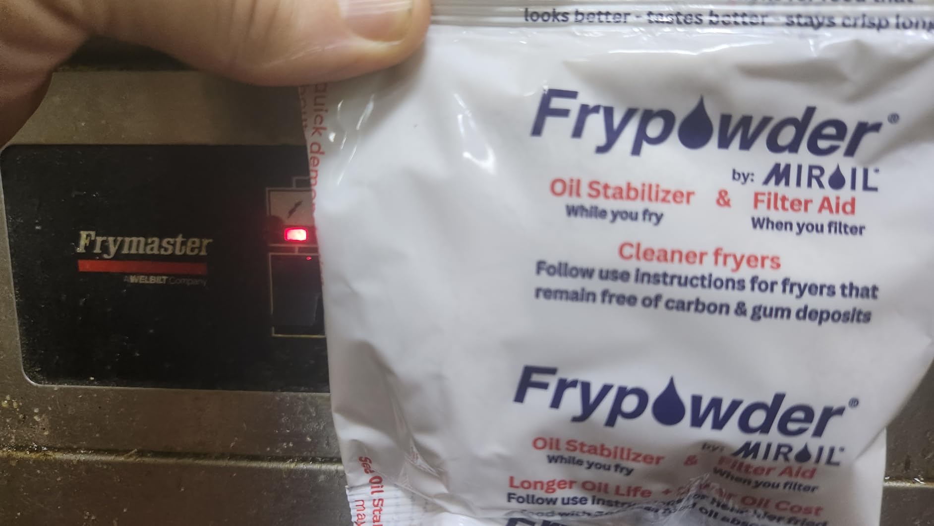 MirOil P36B Fry Powder Oil Stabilizer and Filter Aid, Deep Fryer Cooking Oil Saver Helps Save Grease & Remove Carbon Deposits, 72 x Size B Portion Pack(240ML Each) Fry Powder, Food Center Cooks Hotter customer photo 1