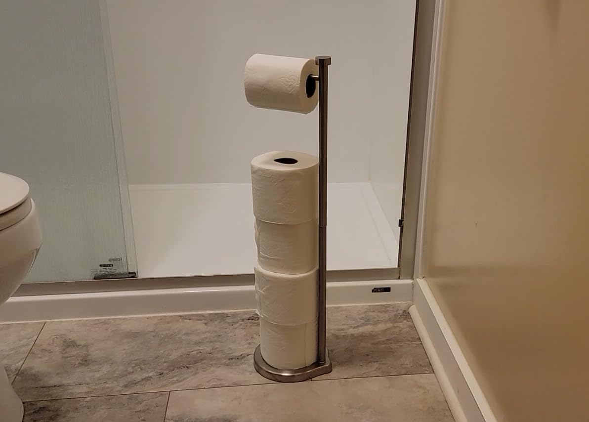 SunnyPoint Free Standing Bathroom Toilet Paper Holder Stand with Reserve, Reserve Area has Enough Space for Jumbo Roll customer photo 1