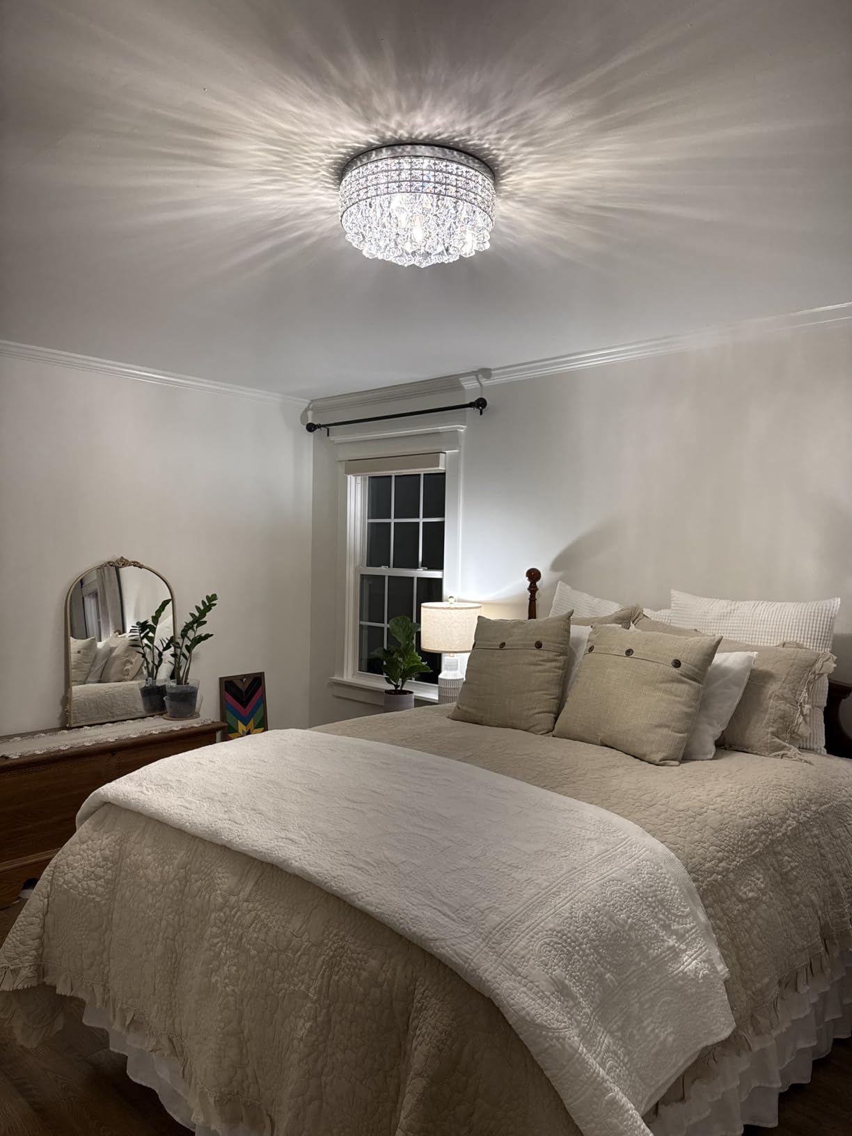 Maxax 4 Lights Crystal Chandelier, Modern Drum Ceiling Light Fixture Lamp, Raindrop Flush Mount Round Metal Shade, for Dining Room, Living Room, Bathroom, Bedroom, Chrome customer photo 1