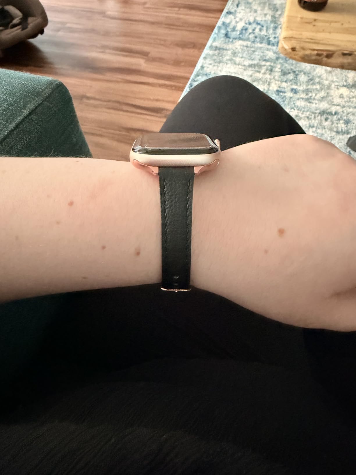 STIROLL Slim Leather Bands Compatible with Apple Watch Band 38mm 40mm 41mm 42mm(Series 11 10), Top Grain Leather Watch Thin Wristband for iWatch SE 9 8 7 6 5 4 3 2 1 (Black Rose Gold) customer photo 1