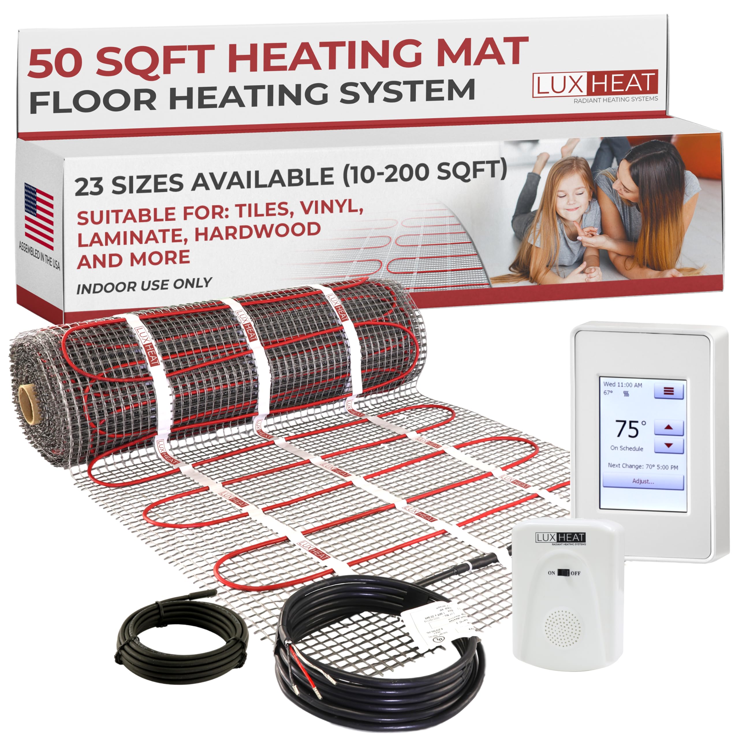 LuxHeat 50sqft Floor Heating Mat Kit - 120v Electric Heating Mat System - Complete Electric Radiant Heated Flooring System Includes Alarm, UDG4 Programmable Thermostat w/GFCI & Floor Sensor customer photo 1