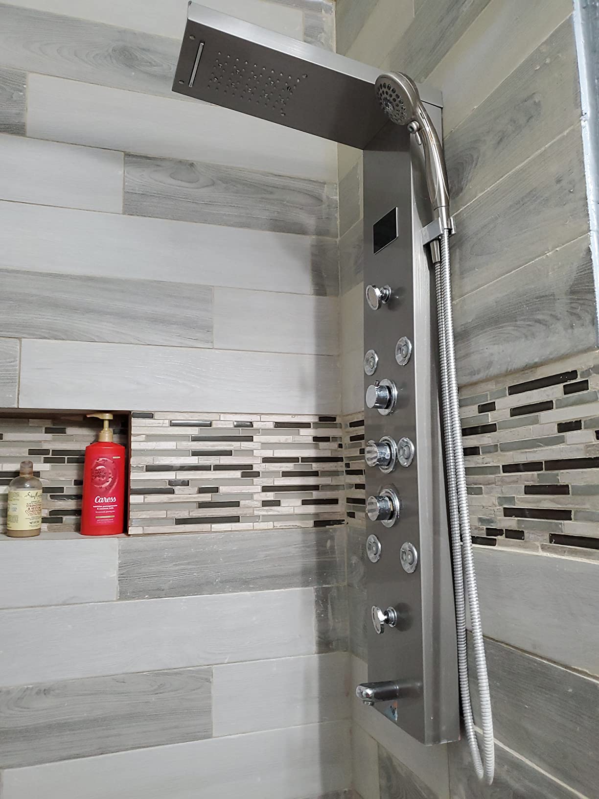 FUZ Contemporary Shower Panel Tower System Stainless Steel 6-Function Faucet LED Rainfall Waterfall Shower Head + Handheld Sprayer + Rain Massage Body Jets + Tub Spout,Brushed Nickel customer photo 2