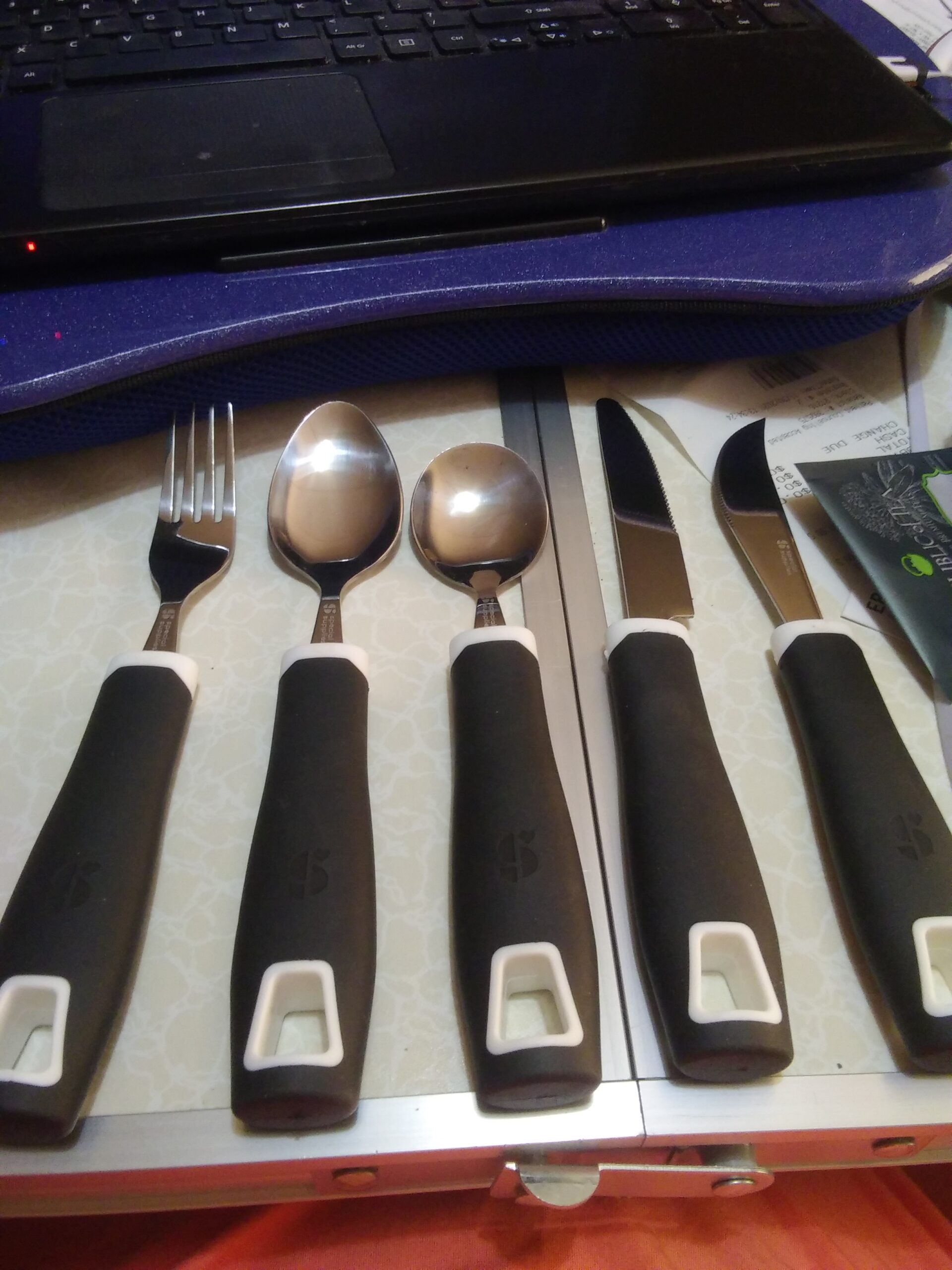 Special Supplies Adaptive Utensils 5-Piece Set Non-Weighted, Non-Slip Handles for Hand Tremors, Arthritis, Parkinson's or Elderly Use - Stainless Steel Knife, Rocker Knife, Fork, Spoons (Black) customer photo 1