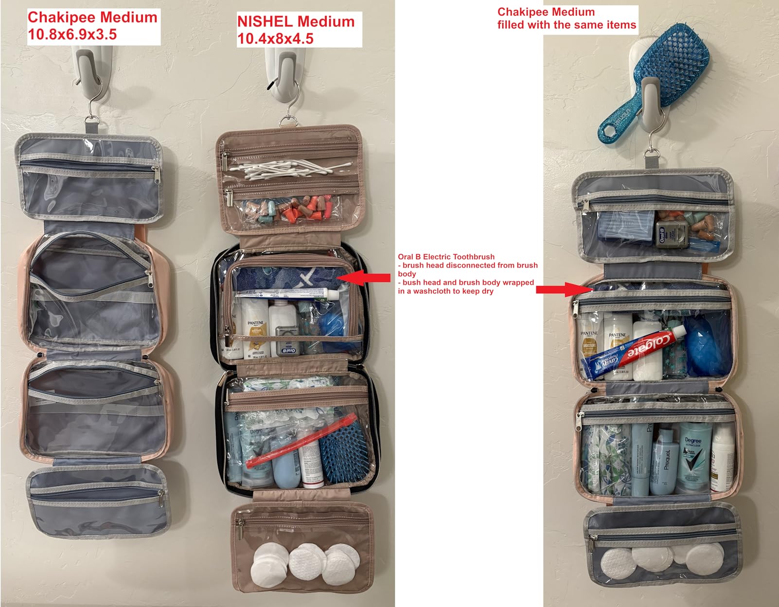 Travel Toiletry Bag for women, Portable Hanging Organizer for Full-Sized Shampoo, Conditioner, Brushes Set, Makeup Accessories, Large Size, Black customer photo 1