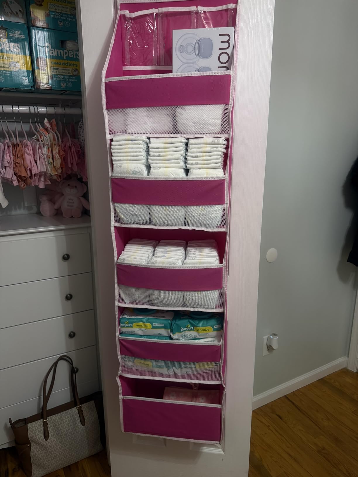Univivi 6-Shelf Over Door Hanging Organizer Fabric Baby Door Storage with 5 Extra Large Capacity Pockets Behind the Door Hanging Storage Organizers Easy Install Door Storage for Baby Essential, Beige customer photo 2