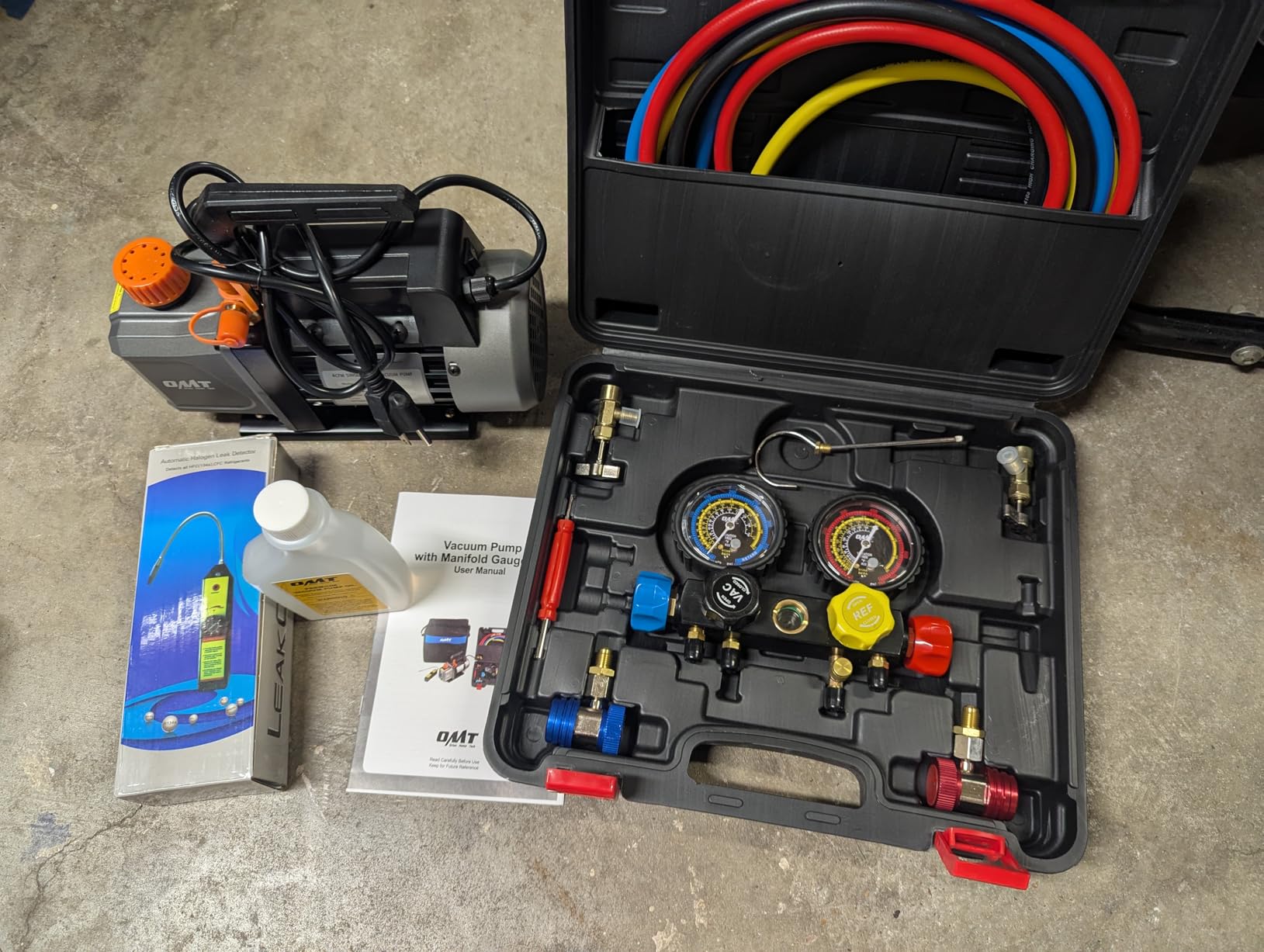 Orion Motor Tech AC Vacuum Pump and Gauge Set, 1/3 hp 4 cfm Vacuum Pump Manifold Gauge Kit with Leak Detector 3 Hoses & Accessories for R134a R12 R22 R502, A/C Vacuum Pump Kit for Auto HVAC Systems customer photo 2