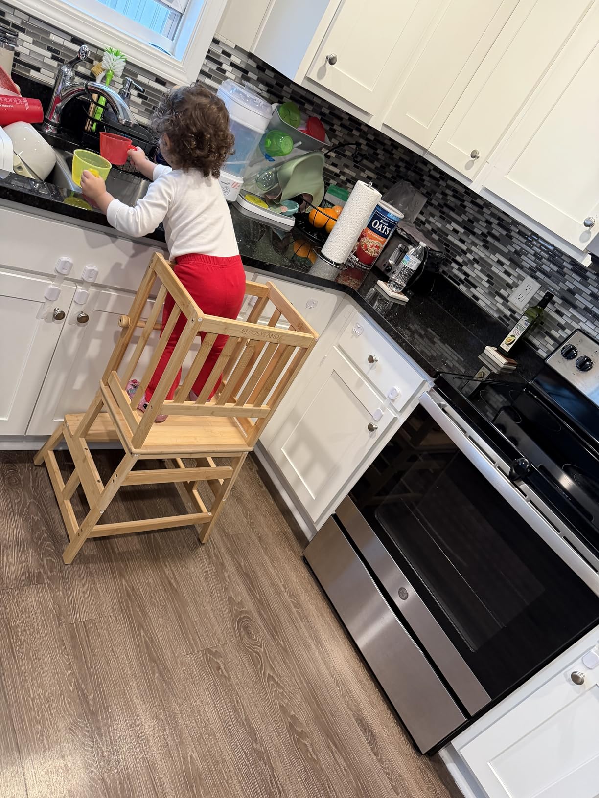 COSYLAND Kids Kitchen Step Stool，Toddler Standing Tower with CPC Certification, Removable Anti-Drop Railing Safety Rail Unique Patented Design Anti-tip Structure More Stable, 1.5-3 yrs Natural Bamboo customer photo 1