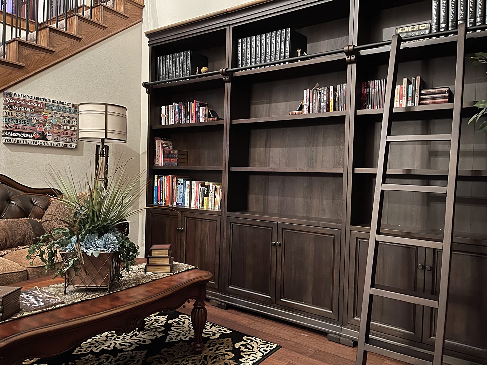 Martin Furniture Traditional Wood Executive Bookcase Wall with Ladder, Adjustable Shelves, Fixed Shelves, Bottom Cabinets, Fully Assembled in Brown Finish customer photo 1