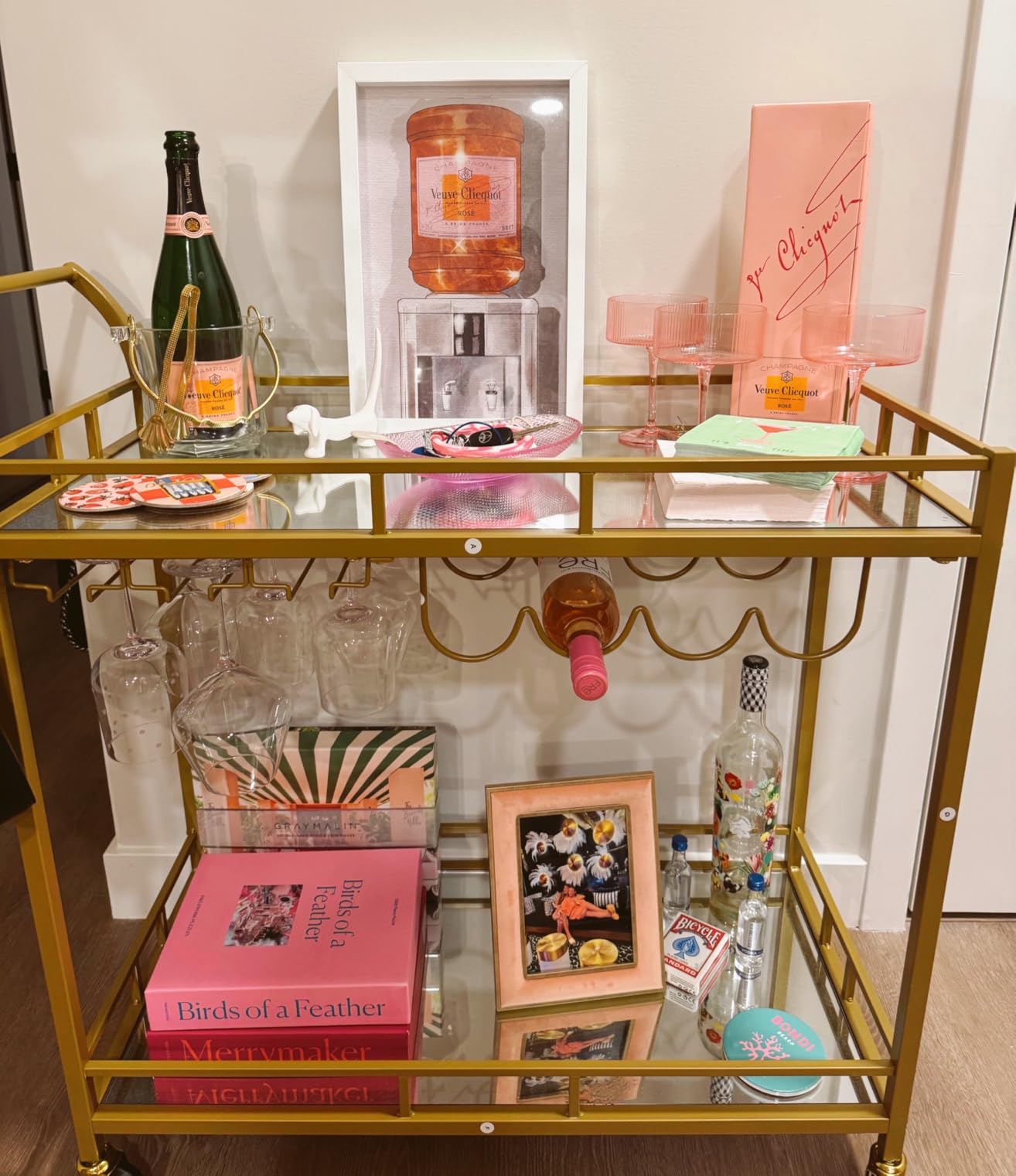 VASAGLE Bar Cart Gold, Home Bar Serving Cart, Wine Cart with 2 Mirrored Shelves, Wine Holders, Glass Holders, for Kitchen, Dining Room, Gold ULRC090A03 customer photo 1