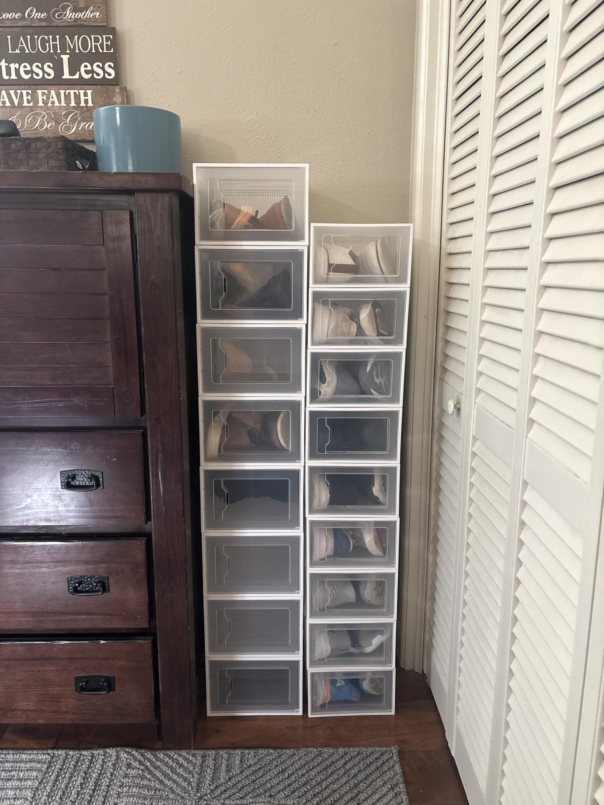 SEE SPRING 12 Pack Shoe Storage Box, Clear Plastic Stackable Shoe Organizer for Closet, Space Saving Foldable Shoe Rack Sneaker Container Bin Holder customer photo 1