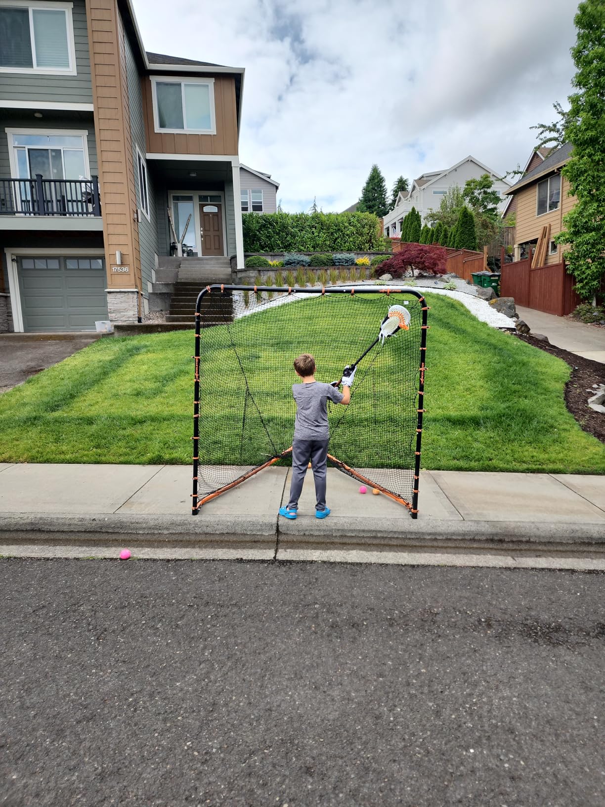 Lacrosse Goal Net (6'W x 6'H x 7'D) Folding Lacrosse Net for Backyard | Powder Coated Steel Frame, UV Treated Netting, Use with Rebounder & Backstop Goal Nets [Includes Carrying Bag & U Stakes] customer photo 1
