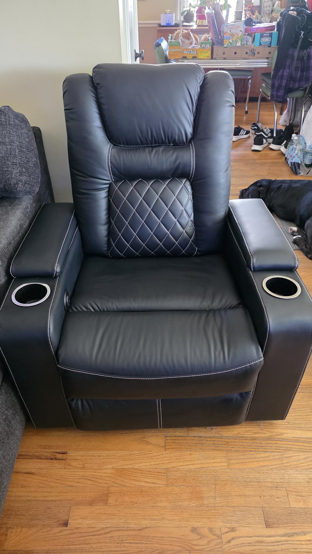 CANMOV Electric Power Recliner Chair with USB Ports and Cup Holders, Breathable Leather Home Theater Seating with Hidden Arm Storage (Black) customer photo 1