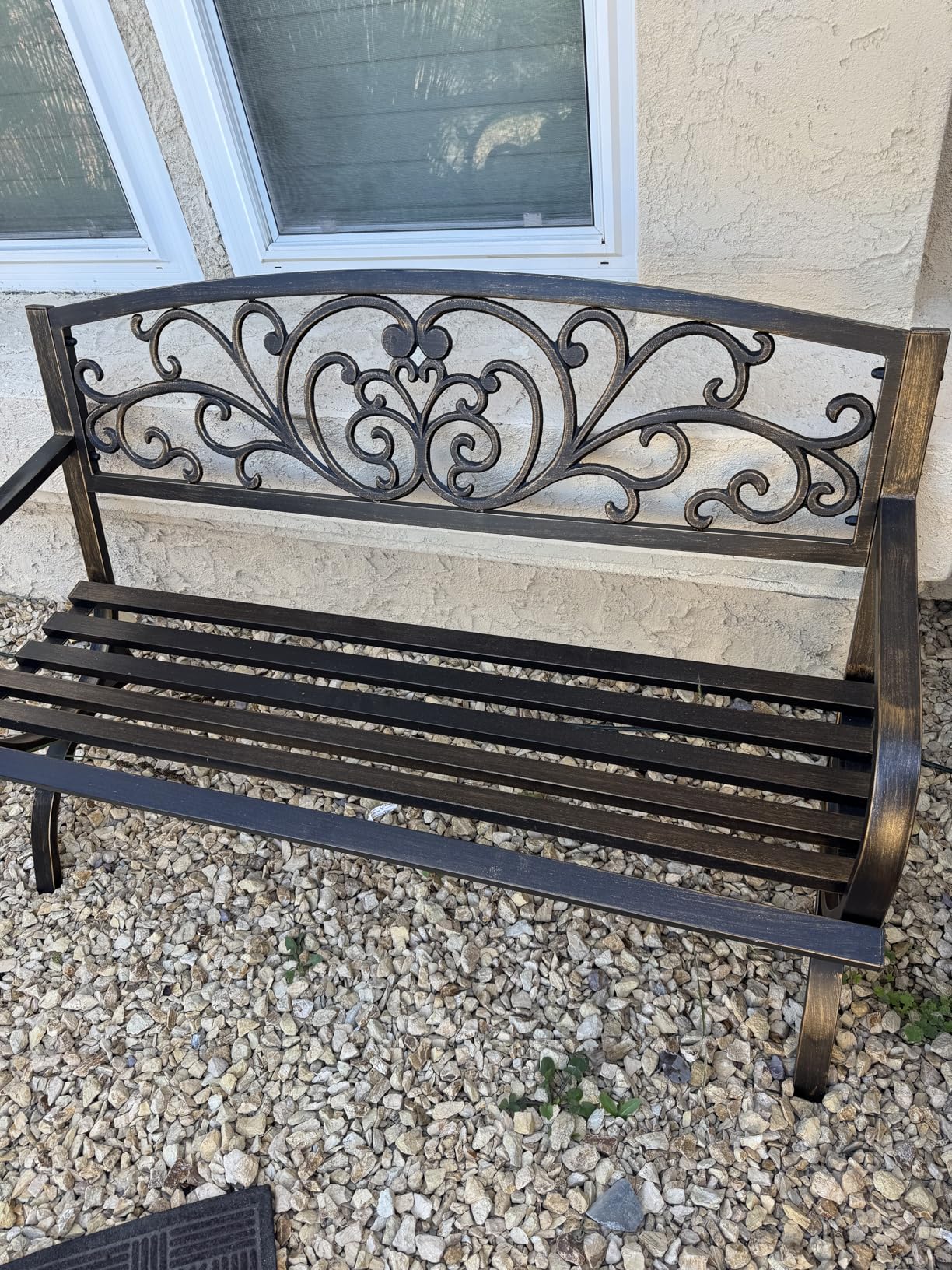 MFSTUDIO 50 Inches Outdoor Garden Bench, Cast Iron Metal Frame Patio Park Bench with Floral Pattern Backrest, Arch Legs for Porch, Lawn, Yard - Bronze customer photo 1