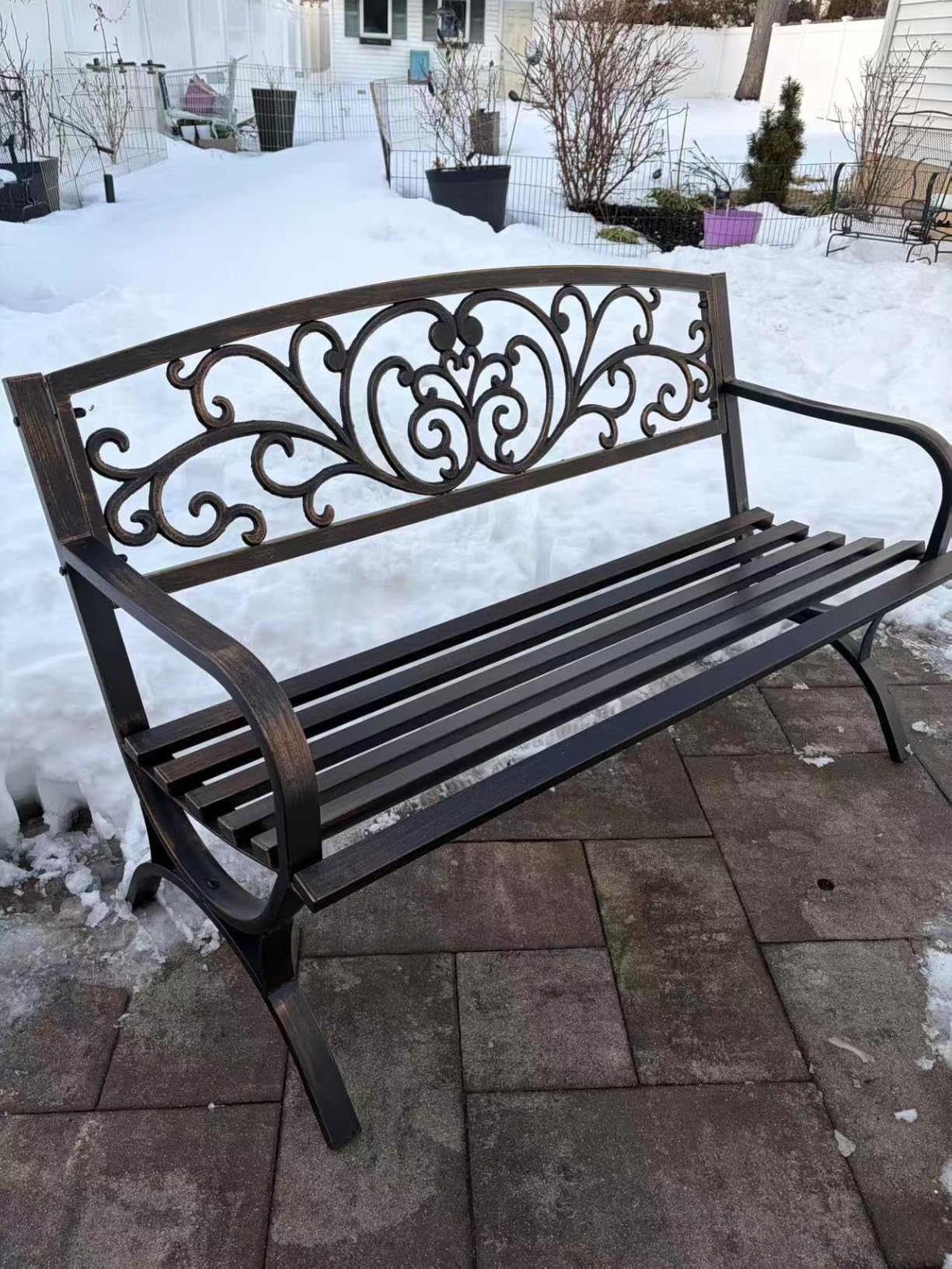 MFSTUDIO 50 Inches Outdoor Garden Bench, Cast Iron Metal Frame Patio Park Bench with Floral Pattern Backrest, Arch Legs for Porch, Lawn, Yard - Bronze customer photo 2