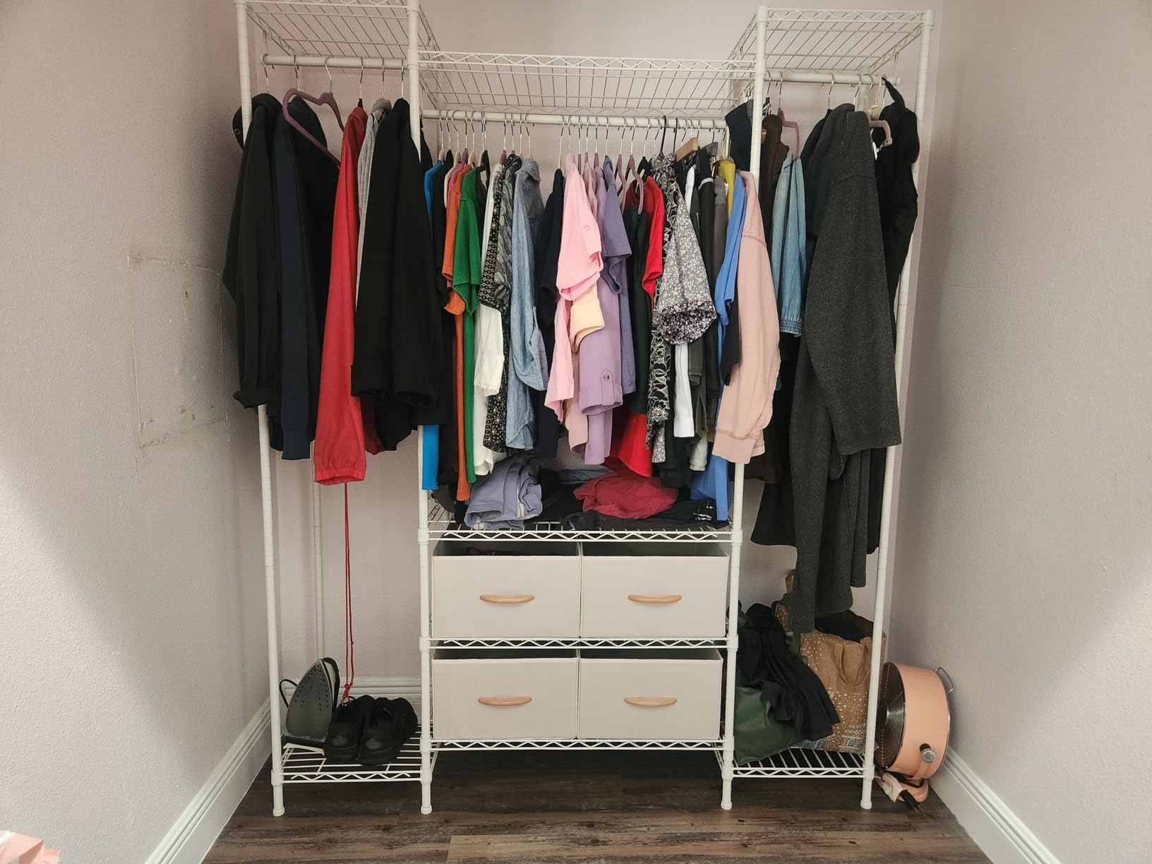 VIPEK V20 Wire Garment Rack Heavy Duty Clothes Rack, Metal Clothing Rack with 6 Shelves, 3 Hang Rods & 4 Fabric Drawers, Compact Wardrobe Closet, 56.7