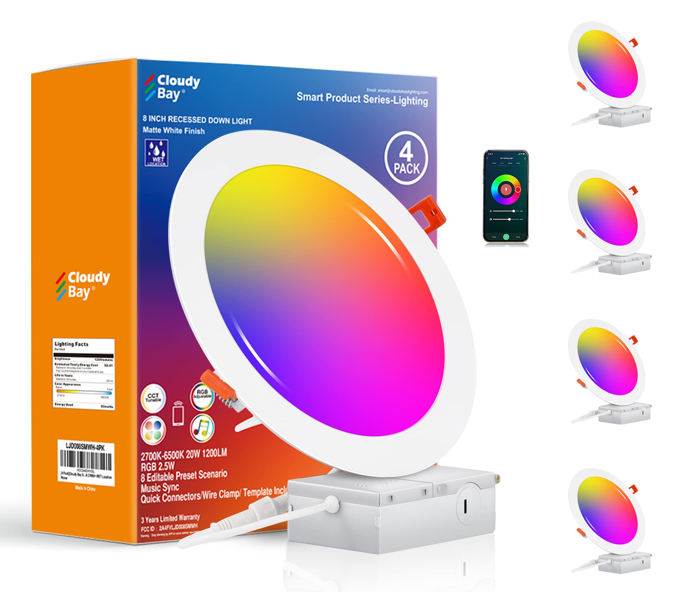 CLOUDY BAY [4 Pack] 8 inch Smart WiFi LED Recessed Lights,20W RGBCW Color Changing Recessed Lighting,Compatible with Alexa and Google Home Assistant,No Hub Required,2700K-6500K,CRI90+ Wet Location customer photo 1