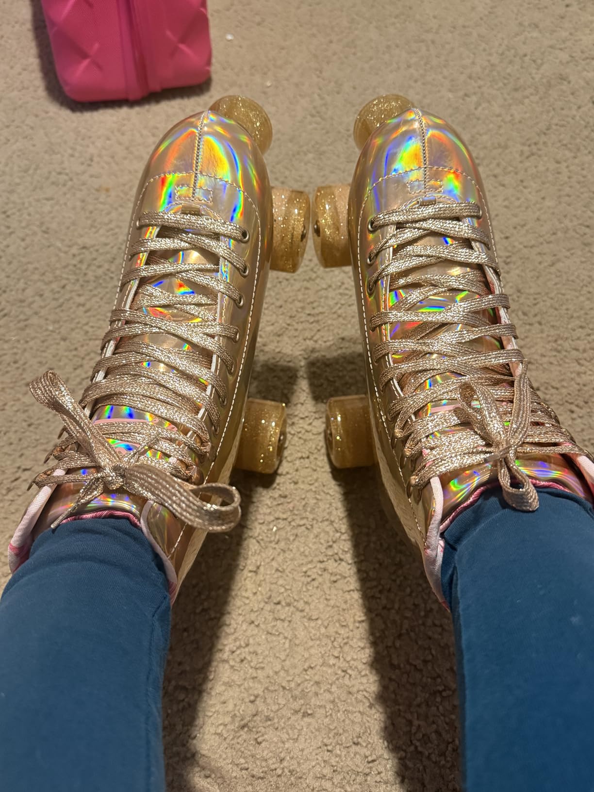 JajaHoho Roller Skates for Women, Holographic High Top PU Leather Rollerskates, Shiny Double-Row Four Wheels Quad Skates customer photo 2