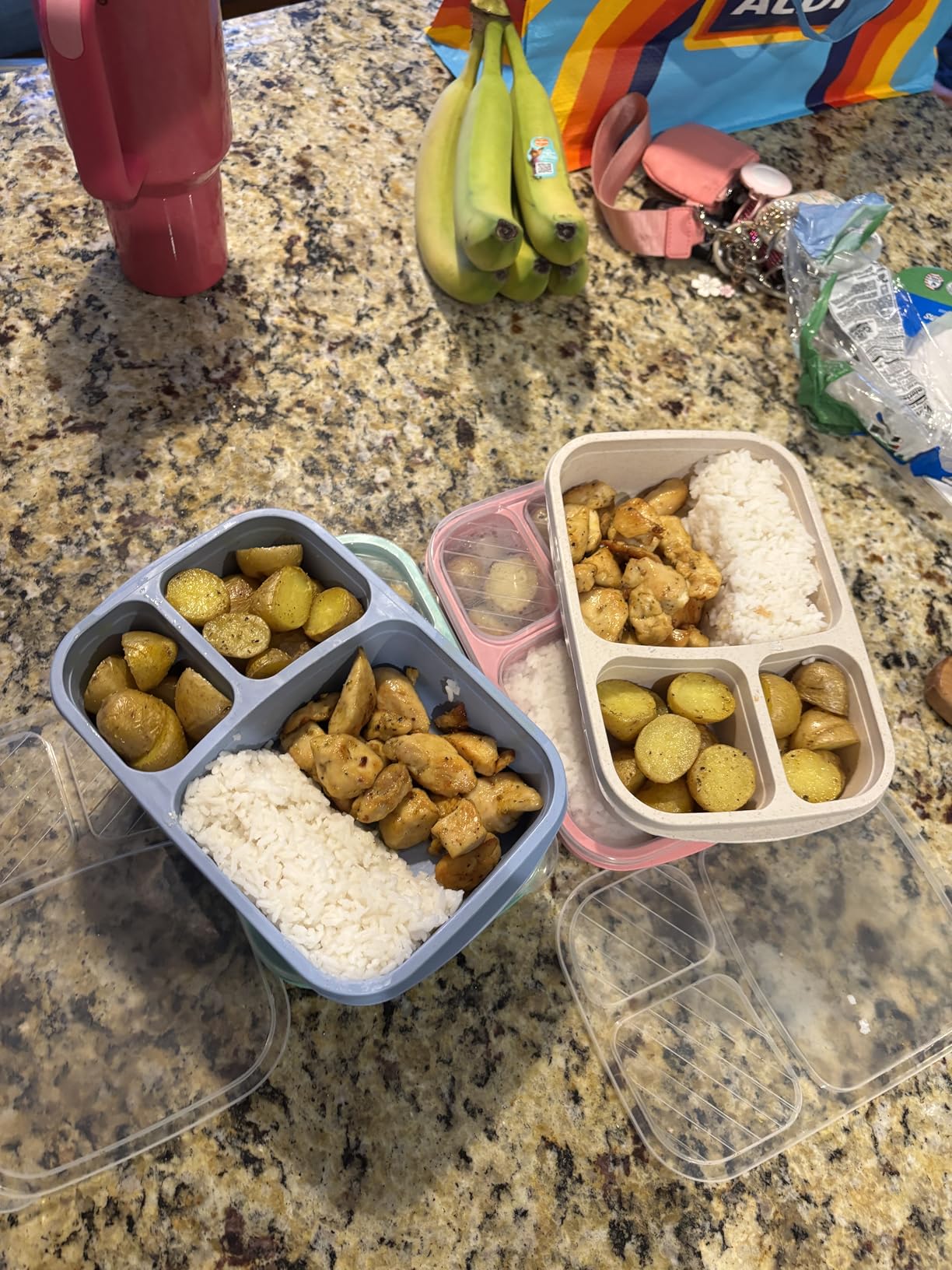 4 Pack Bento Lunch Box Set 3 Compartment Food Storage Containers Wheat Straw Meal Prep Lunch Box Plastic Food Storage Containers, Microwave and Dishwasher Safe (light colour) customer photo 1